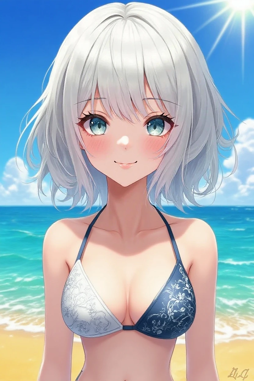 incomparable beauty, Skin is radiant and firm, silber hair, Beautiful and kind girl,smile kindly,short detailed hair,french braid,high cut  swimsuit