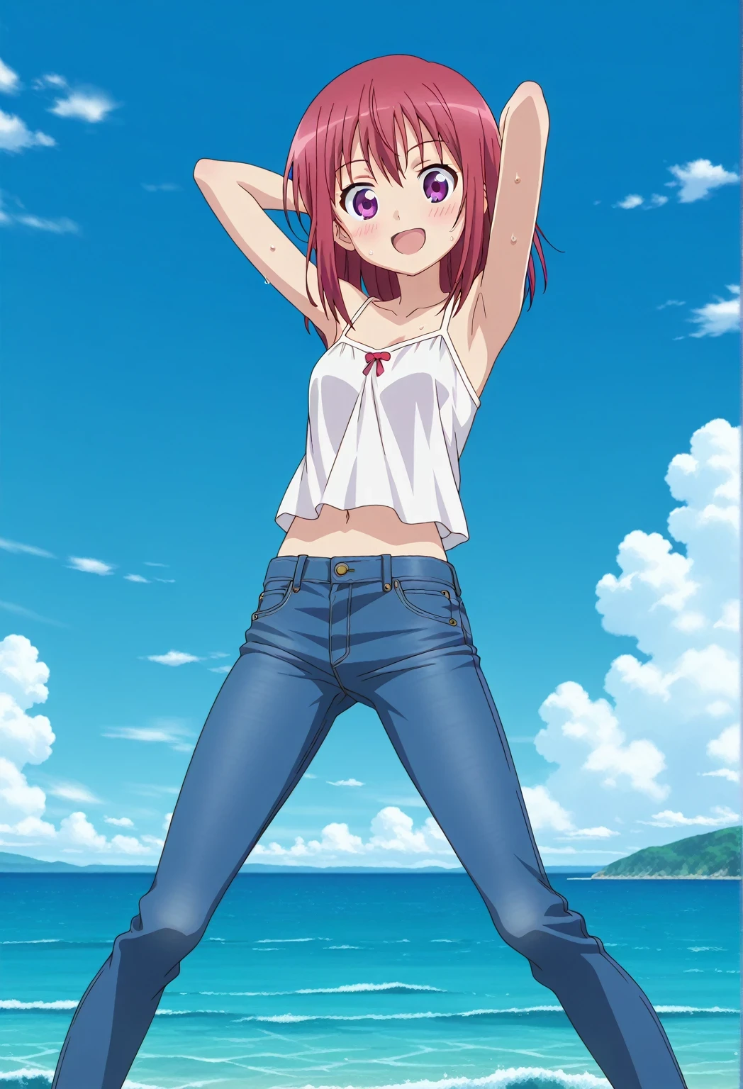 score_9, score_8_up, score_7_up, source_anime, highres, hi res, ((best quality, top quality, perfect quality, Highest Quality, amazing quality)), {{masterpiece}}, {{an extremely delicate and beautiful}}, 2d, intricate details, official style, anime, 8k, anime style, official_anime, official art, digital painting, cell shading, soft shading, high resolution, soothing tones, Subdued Color, Soft cinematic light, adobe lightroom, photolab, HDR, intricately and hyper-detailed, ((high quality animation)), 1 girl, Alone, solo, ((ocean)), tsunami, on the water, day, sunny, outdoors, sky, windy, Kanzaki Tomoyo, Inou Battle wa Nichijou-kei no Naka de, kyoto anime style, purple eyes, red hair, medium hair, straight hair, sidelocks, anime coloring, anime screencap, small , white camisole top, crop top, white crop top, best quality, hyper-detailed jeans, ((blue jeans:1.9)), (dark blue jeans:0.6), full medium body, medium shot, Open mouth, smiling, happy face, blush, sweat, standing, ((arms behind head:6.0)), ((perfect arm line:2.5)), bowlegged, sliding pose, action, looking at viewer, , Bend knees slightly, straight-on front view