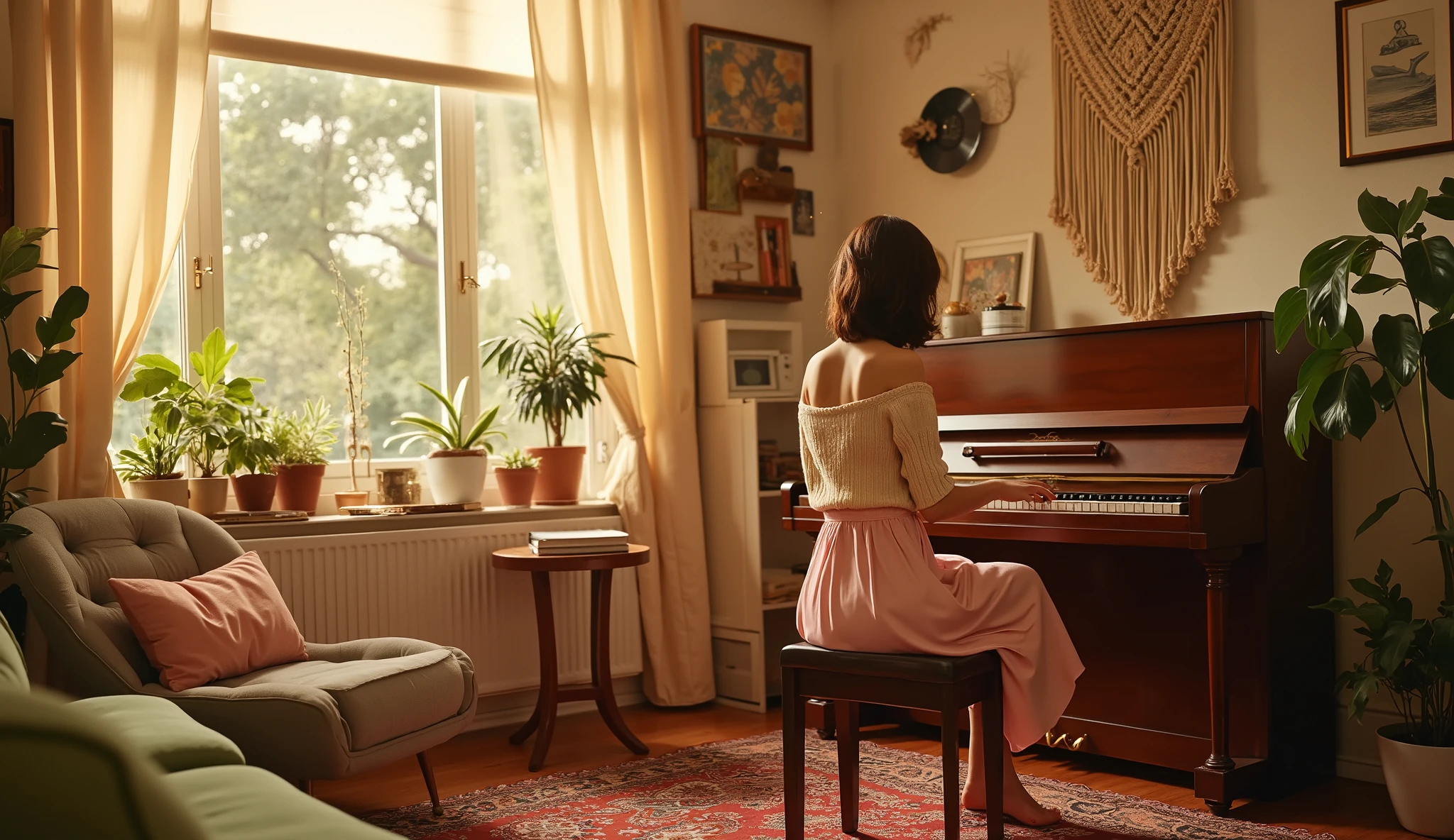 Intimate boho apartment living‑room jam, macramé wall hangings, vinyl records strewn around, female pianist at upright piano, bare feet on patterned rug — cream knit off‑shoulder sweater, pastel pink satin midi‑skirt, tousled half‑up hair, minimal makeup — golden morning window light, dust motes visible, mellow cozy mood, photorealistic, 4 K, horizontal 16:9