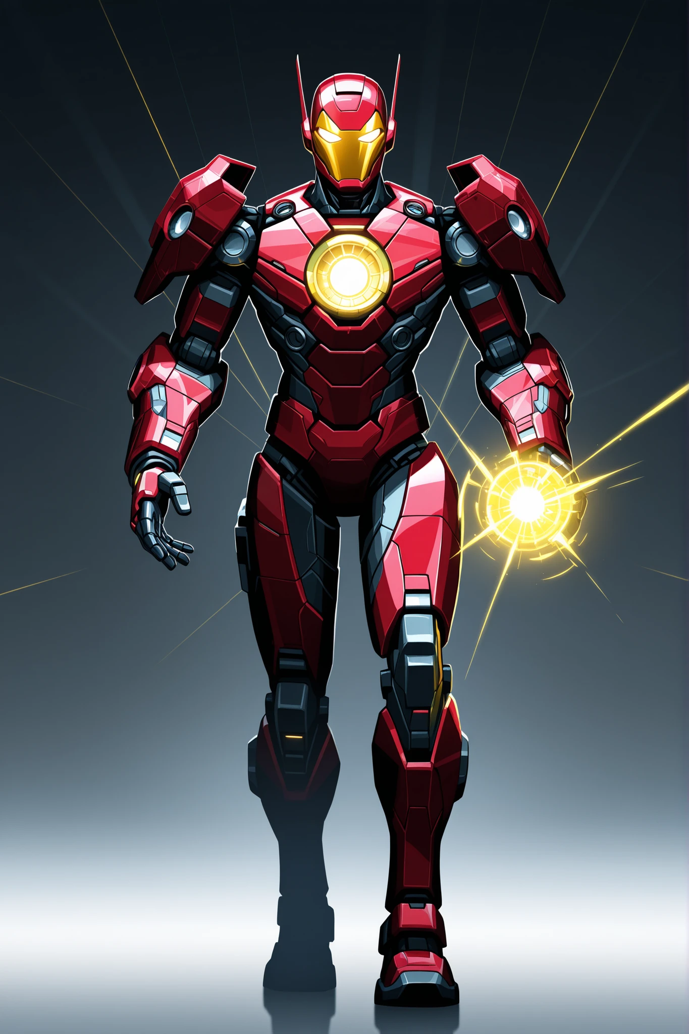 Ironman wearing a white compact & sleek armor design inspired by ironman mark V portable armour, lightweight tactical plating, segmented chest and shoulder armor with glowing yellow energy lines, red accents on the armour, small mechanical segmented metal pieces on overall armour, glowing circular reactor on chest, angular helmet with sharp visor, 2D cartoon style, cinematic depth, moody lighting, white background, The lighting is cinematic, dramatic lighting, high tech , 8K ultra HD, high quality, highly detailed brush texture, cartoon style, front view,  bold black outlines, full body, flat colours 