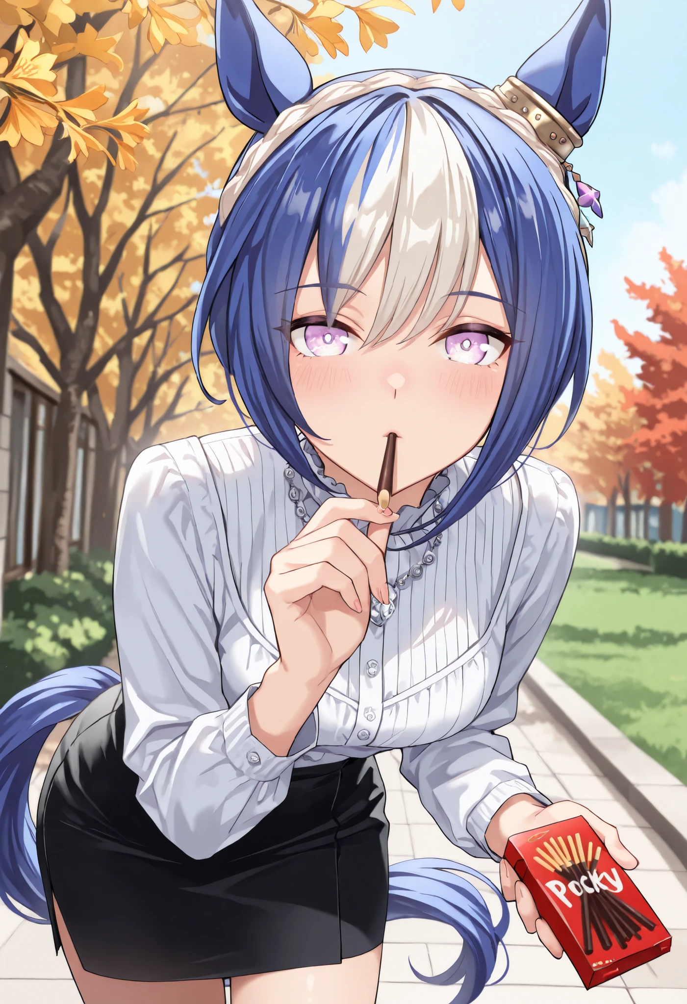 (masterpiece, best quality, perfect face:1.4), cesario \(umamusume\), ear ornament, horse ears, horse tail, tail on the lower back, proportional body, proportional,1 girl, beautiful hair, beautiful face, beautiful detailed eyes, beautiful clavicle, beautiful body, beautiful chest, beautiful thigh, beautiful legs, beautiful fingers, looking at viewer, BREAK, Silver necklace, formal fall attire , Long sleeve shirt, skirt, Pocky, Pocky Kiss, Hold up the Pocky, Pocky game:1.3, Outdoor, autumn leaves of trees , flowers blooming in the garden in the fall season, Cosmos, BREAK, Her mouth opens slightly, Smiles spill out, textured skin, realistic skin, HDR, BREAK, (perfect hands, perfect anatomy),
