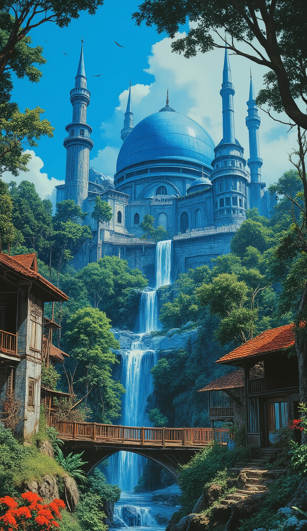 A huge colossal-size majestic blue mosque in a Malaysia village surrounded by lush dense greeny jungle, 1980s retro sci - fi art,
in style by Josan Gonzales, by Peter Elson, in peter elson color scheme, roger dean art, in style by tim white art. Comic book style, ff-fbs