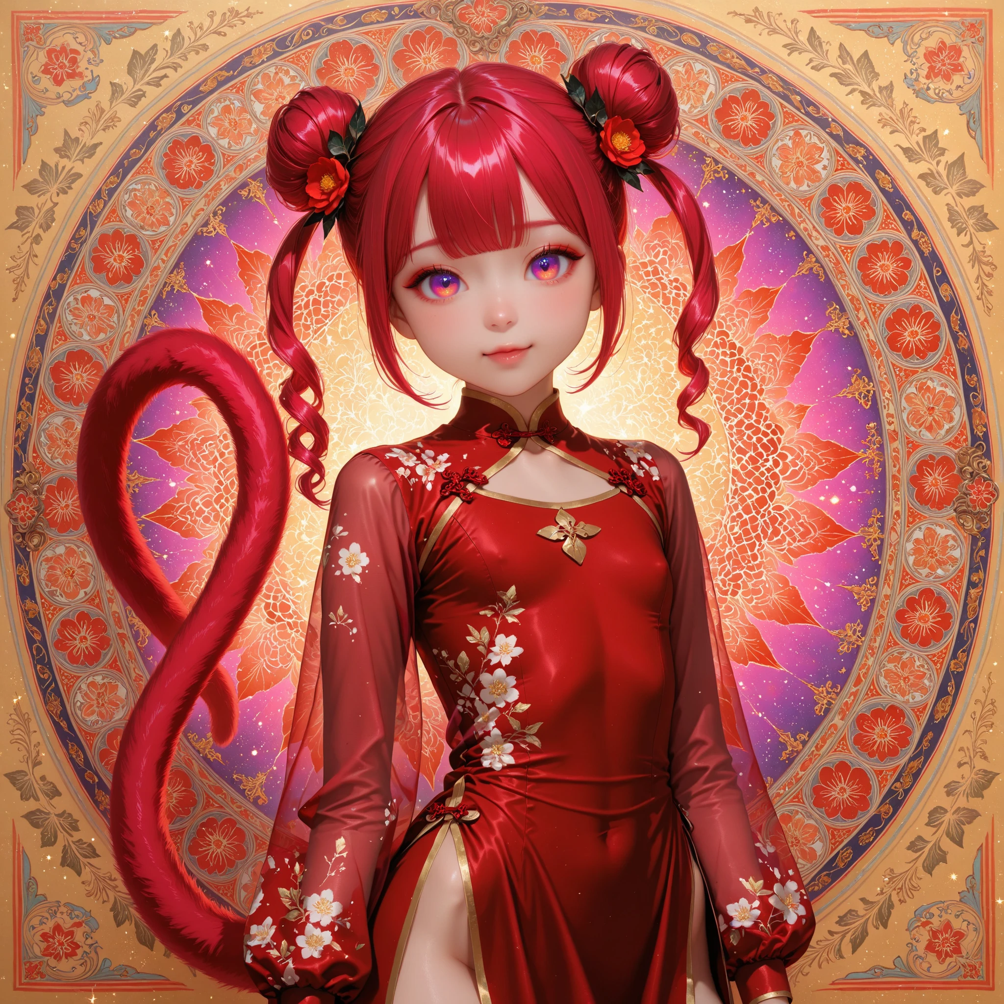 one toddler girl, small breast, baby-like face, infant body shape, small hips, white skin, short limbs, (((long reddish-purple red crimson long twin-tail hair))), ((glowing sky-blue big eyes)), floral hair ornament, bust shot, dewy skin, dynamic pose, infant body shape, toddler hips, illuminated body,
BREAK,
(((wearing cheongsam dress))), ((wearing a transparent cape)), (bust shot),
BREAK,
(zentangle, mandala, tangle, entangle), (ecstasy of flower:1.2), golden background, the most beautiful form of chaos, elegant, a brutalist designed, flower art, zentangle, mandala, tangle, entangle, vivid colours, romanticism, atmospheric,
BREAK,
official art, unity 8k wallpaper, ultra detailed, beautiful and aesthetic, beautiful, masterpiece, best quality ((by Mucha)) ((art deco)) ((botanical art)) ((flower art)) ((floral)) ((colorful)) masterpiece, high resolution, high definition, highest quality, digital painting, 4k, HDR, delicate texture, enchanting atmosphere,
BREAK,
(最高品質, 8k,32K,傑作, 超高解像度:1.2),非常に詳細なCGユニティ8K壁紙,複雑な詳細,生写真,(写実的:1.4),雰囲気,超高解像度,現実istic,現実,巨大な_ファイルサイズ,非常に高解像度,(中央揃え:1.3),超イラスト,(超詳細な),シネマティックライティング,様々な色,被写界深度,アート:クレンツ・クシャールト,ゴールデンアワーライティング, を正確に描いた ,シグマアートレンズ 35mm F1.4,ISO 200 シャッタースピード 2000