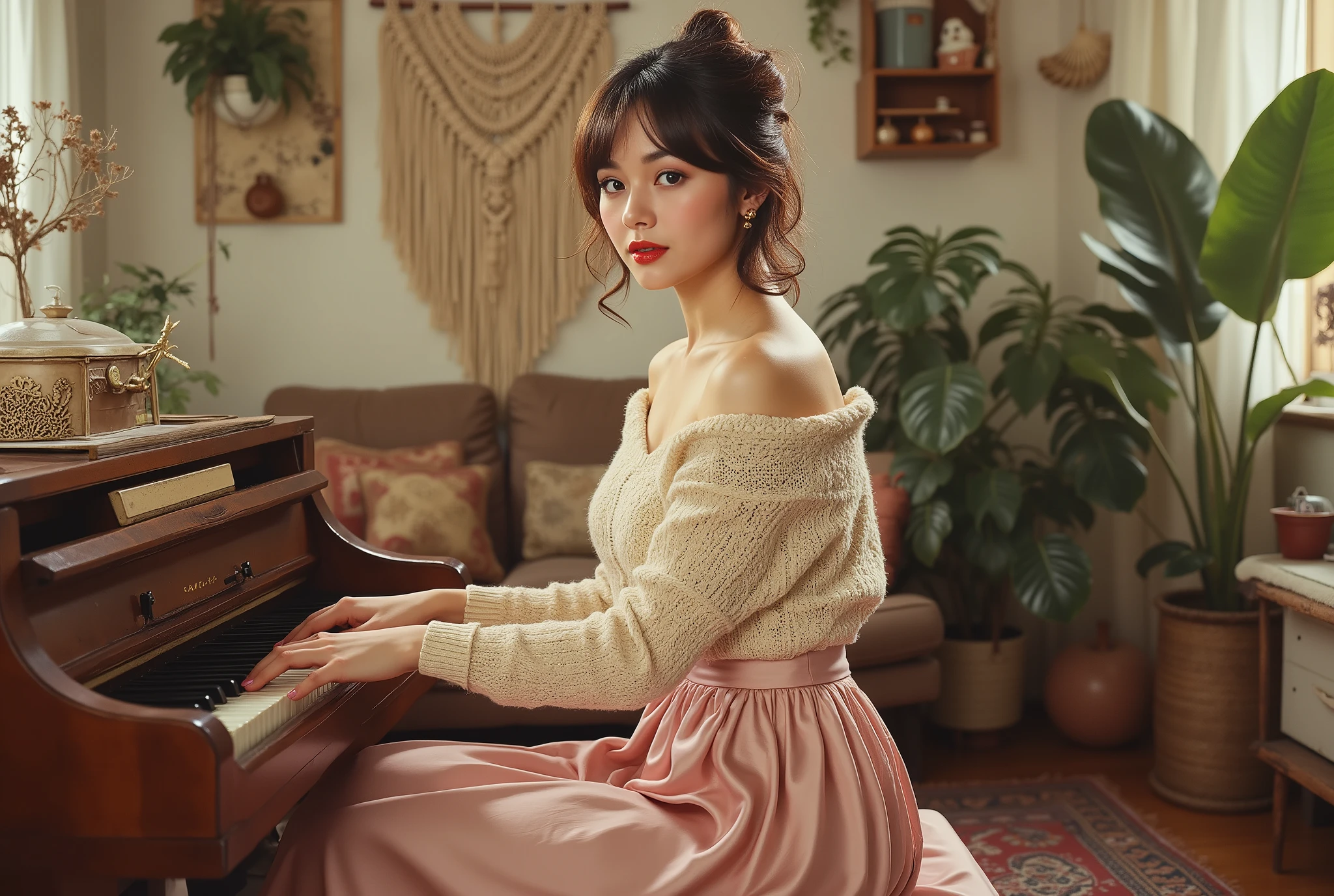 Intimate boho apartment living‑room jam, macramé wall hangings, vinyl records strewn around, female pianist at upright piano, bare feet on patterned rug — cream knit off‑shoulder sweater, pastel pink satin midi‑skirt, tousled half‑up hair, minimal makeup , looking at viewer with beauty smile confident — golden morning window light, dust motes visible, mellow cozy mood, photorealistic, 4 K, horizontal 16:9