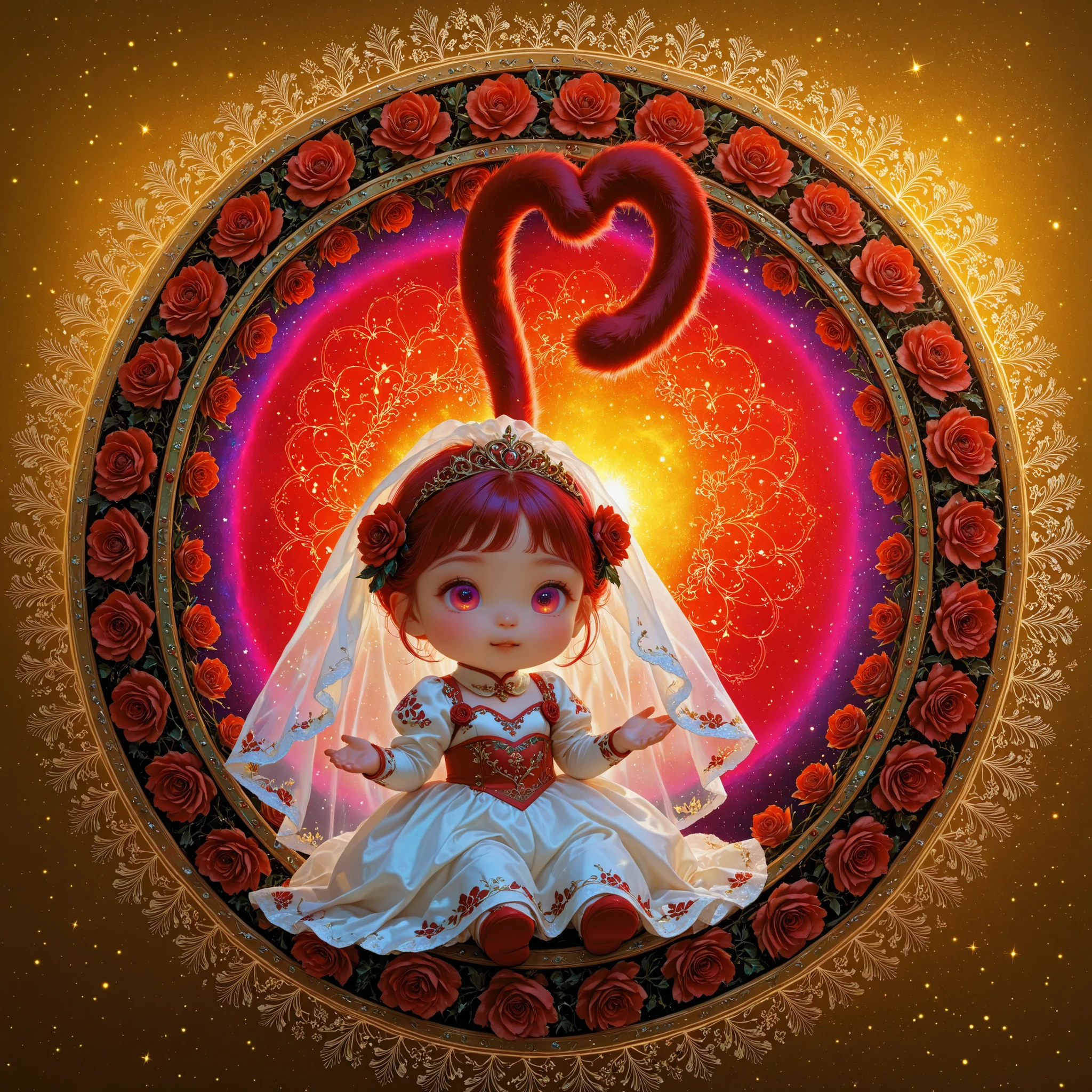 one toddler girl, small breast, baby-like face, infant body shape, small hips, white skin, short limbs, (((long reddish-purple red crimson long twin-tail hair))), ((glowing sky-blue big eyes)), floral hair ornament, bust shot, dewy skin, dynamic pose, infant body shape, toddler hips, illuminated body,
BREAK,
(wearing wedding dress), ((wearing a transparent cape)), bust shot,
BREAK,
(zentangle, mandala, tangle, entangle), (ecstasy of flower:1.2), golden background, the most beautiful form of chaos, elegant, a brutalist designed, flower art, zentangle, mandala, tangle, entangle, vivid colours, romanticism, atmospheric,
BREAK,
official art, unity 8k wallpaper, ultra detailed, beautiful and aesthetic, beautiful, masterpiece, best quality ((by Mucha)) ((art deco)) ((botanical art)) ((flower art)) ((floral)) ((colorful)) masterpiece, high resolution, high definition, highest quality, digital painting, 4k, HDR, delicate texture, enchanting atmosphere,
BREAK,
(最高品質, 8k,32K,傑作, 超高解像度:1.2),非常に詳細なCGユニティ8K壁紙,複雑な詳細,生写真,(写実的:1.4),雰囲気,超高解像度,現実istic,現実,巨大な_ファイルサイズ,非常に高解像度,(中央揃え:1.3),超イラスト,(超詳細な),シネマティックライティング,様々な色,被写界深度,アート:クレンツ・クシャールト,ゴールデンアワーライティング, を正確に描いた ,シグマアートレンズ 35mm F1.4,ISO 200 シャッタースピード 2000