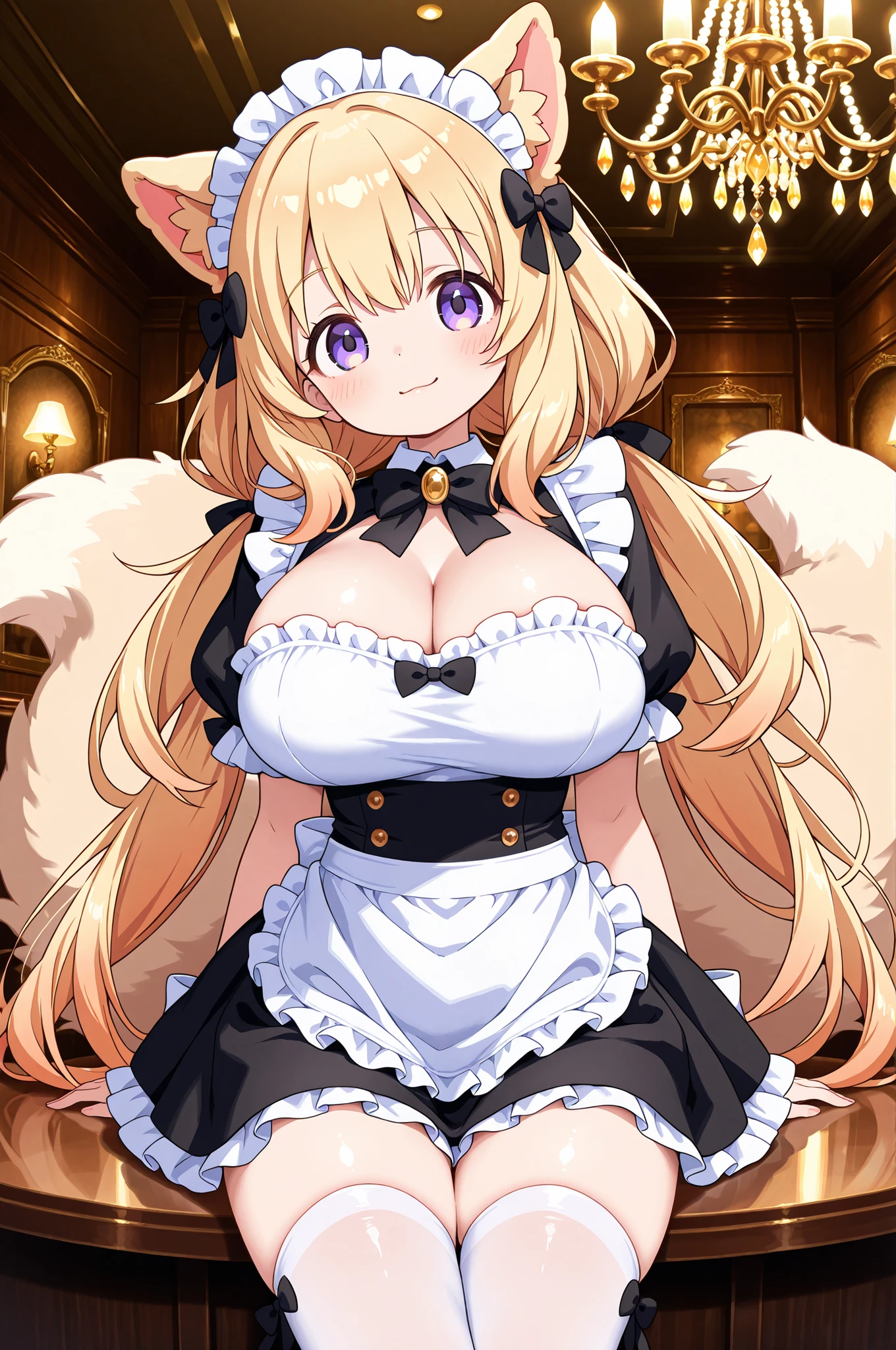 Charming Dog Eared Maid、Fluffy ear hair、bright smiles、Sexy Maid Outfit、big breasts、thin waist、Luxurious Western Style Living、Crystal Chandelier、Twilight Light、Professional Photography