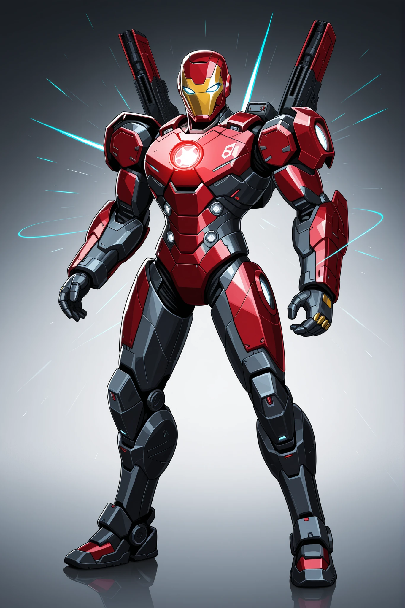 Ironman wearing a white arsenal sleek design portable armour with triangular core on chest, lightweight tactical plating, glowing blue energy lines, red accents on the armour, glowing triangular reactor on chest, angular red helmet, 2D cartoon style, cinematic depth, white background, The lighting is cinematic, good lighting, high tech armour, 8K ultra HD, high quality, highly detailed brush texture, cartoon style, front view, bold black outlines, full body, flat colours