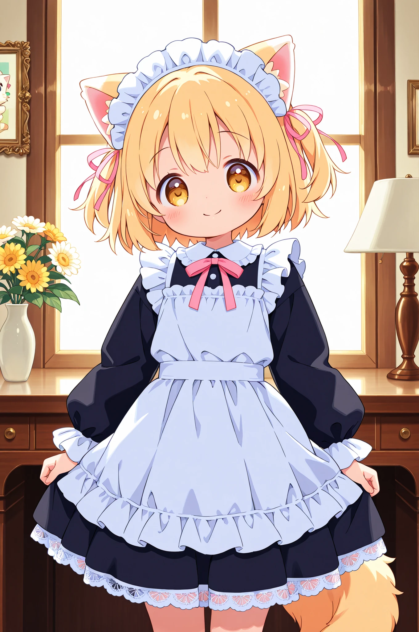 Kemo Mimi Maid Girl、Fluffy Cat Ears、happy smile、Ruffled Maid Outfit、Pink ribbon、Western-style interior、afternoon sunshine、Elegant posture、Delicate Lace、8K Photo