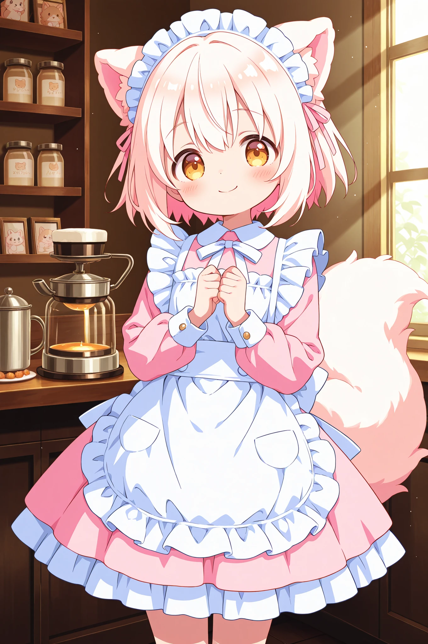 Cute Chemo Mimi Maid、Fluffy Animal Ears、has a gentle smile、maid clothes on the side、fluffy skirt、pastel color、cafe interior、warm atmosphere、soft light、High Quality Pictures