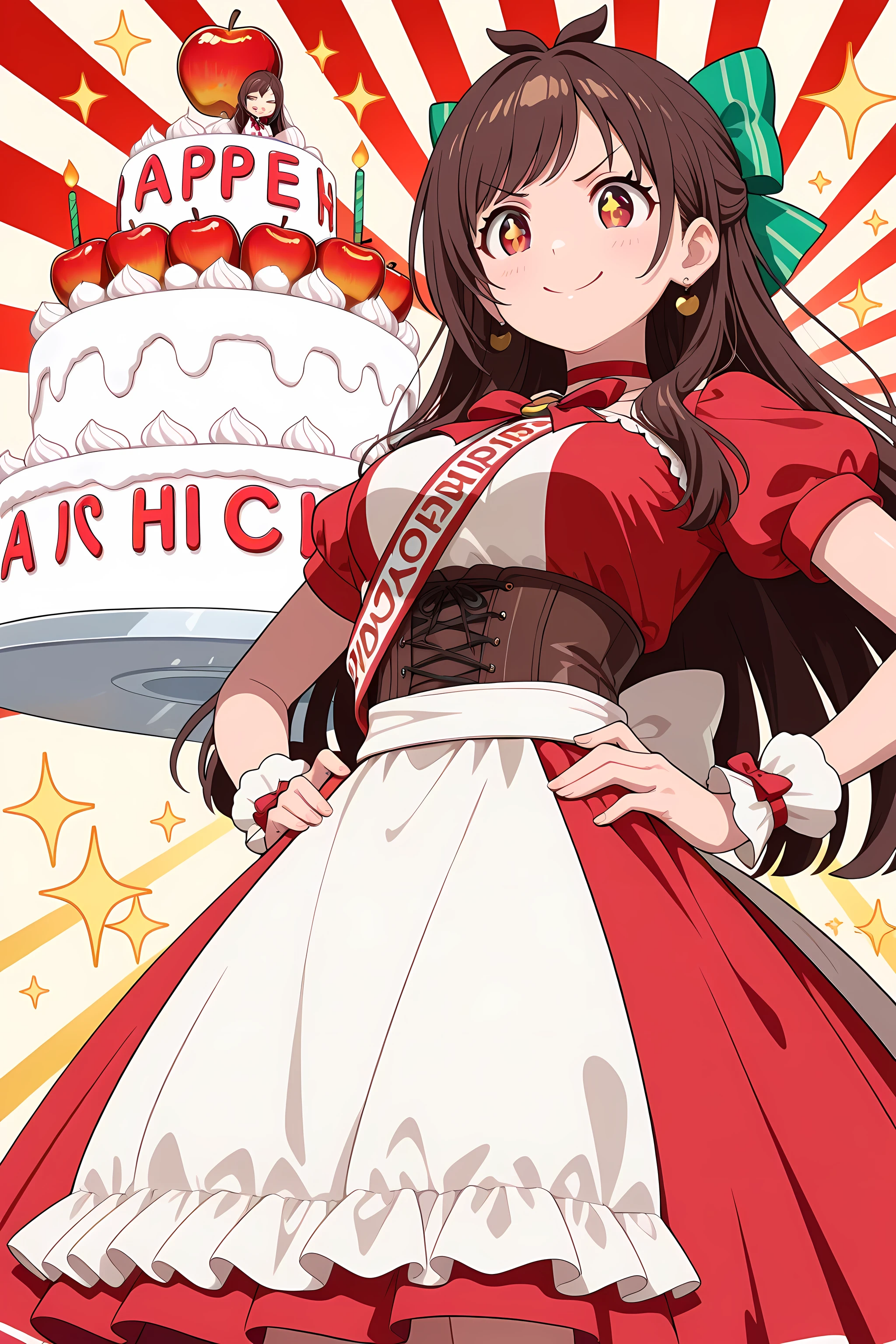 (masterpiece, detailed:1.2), best quality, amazing quality, very aesthetic, newest, highres, sfw, general,
2d illustration, anime style, cel shading, anime coloring, (flat color:0.5),
(thick outlines, heavy lineart, vector art, comic book style:1.2)
comical angle, slapstick comedy, gag panel angle,
glossy hair, high detail eyes, beautiful eyes, catchlights, high detail face,
soft skin, shiny skin, elastic skin, translucent skin,
8k photo realism, Sony α7R IV + 85mm lens, aaakari,
(((ecstatic after making a fortune selling apple mascots))),
1girl, 15yo, down-to-earth and natural appearance, beautiful face, graceful and slender body, medium breasts,
brown hair, long hair, antenna hair, bangs, hair bow, green bow, earrings, red eyes
standing, hands on hip, ((>:, +_+, smile, closed mouth:1.5)), (lowest angle, cowboy shot:1.2),
red choker, red bowtie, two-tone dress, red dress, white dress, puffy short sleeves, wrist cuffs, brown corset,
(sash, shoulder sash, celebration sash:1.2), (white sash, red-line sash:1.3), wrinkled fabric, cloth texture,
(a giant birthday cake behind her, a giant cake bigger than a girl:1.5), (an apple mascot),
dynamic angle,
red and yellow sunburst, radial stripes background,