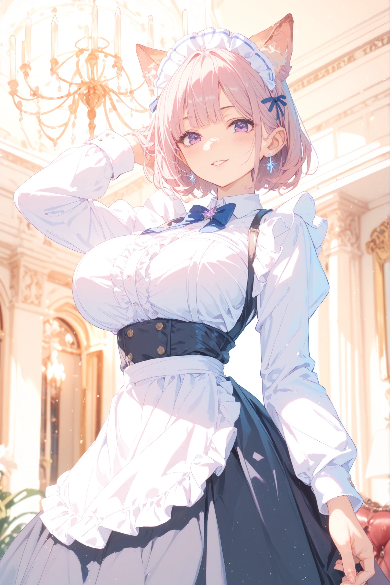 Charming Dog Eared Maid、Fluffy ear hair、bright smiles、Sexy Maid Outfit、big breasts、thin waist、Luxurious Western Style Living、Crystal Chandelier、Twilight Light、Professional Photography