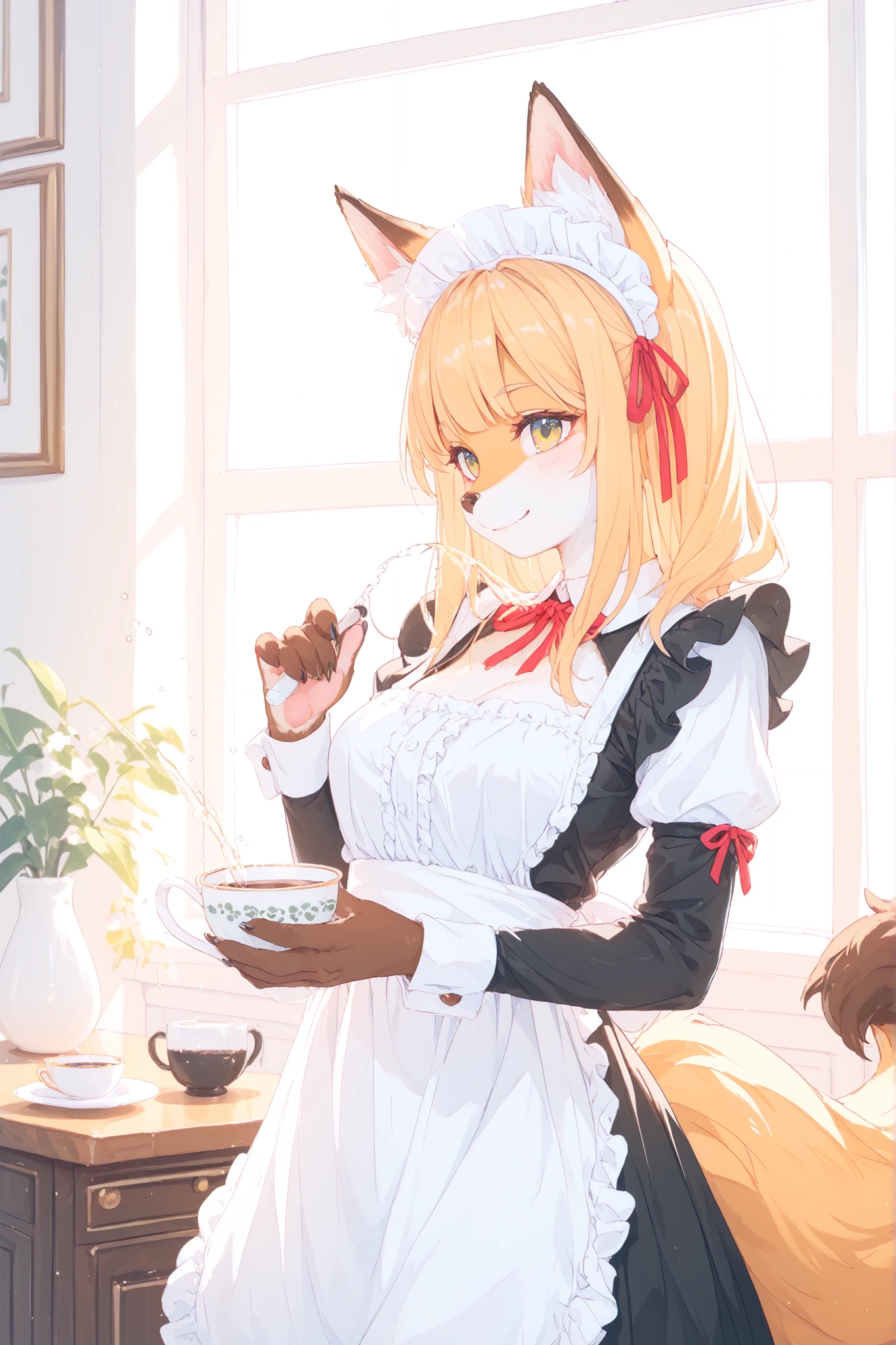 adorable fox ear maid、furry tails、Smile Yan、lace apron that doesn't cover the chest、black white two-tone、Figure Pouring Black Tea、antique tea set、High-end coffee shop、soft window light、portrait shooting