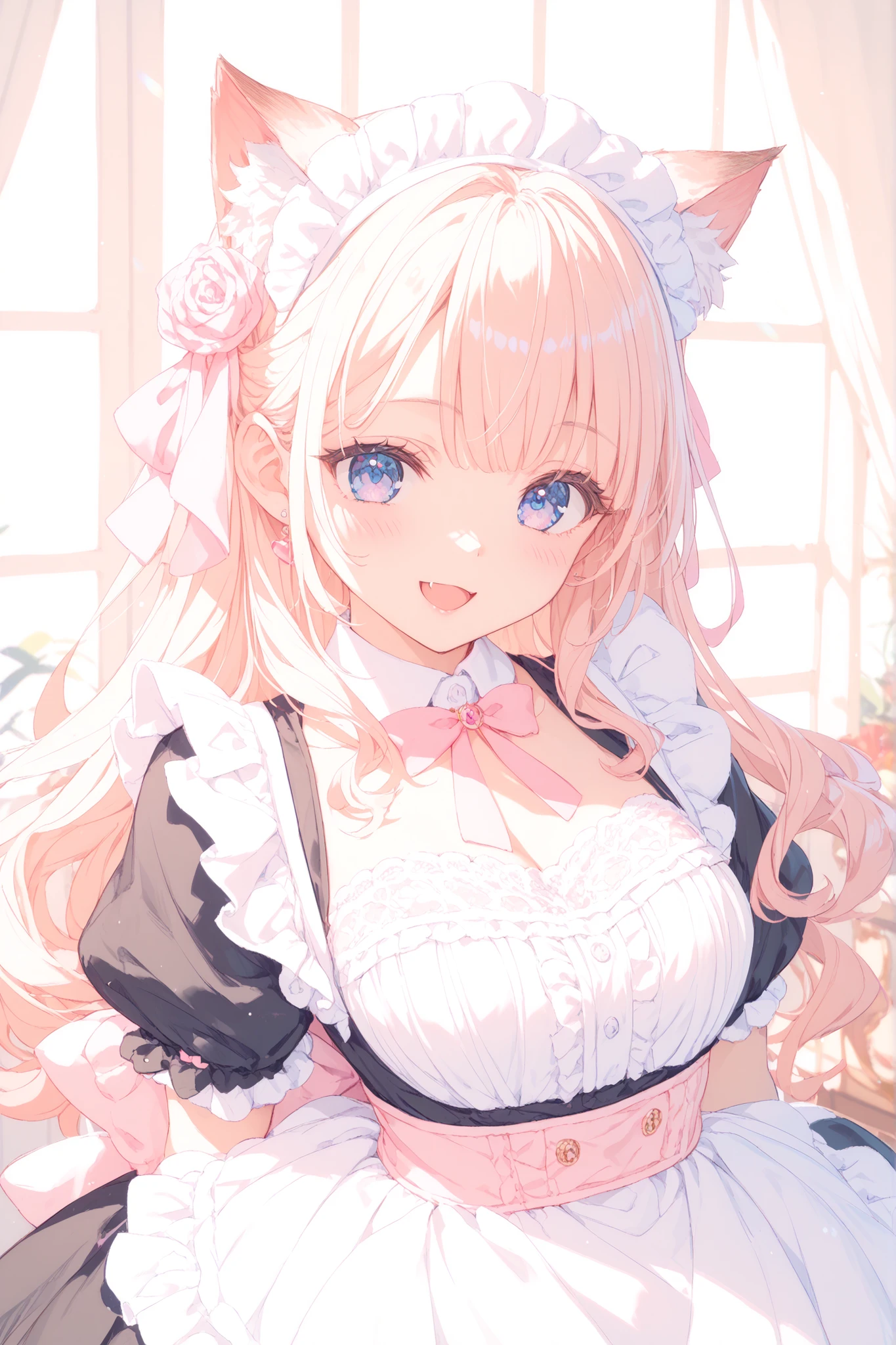 Kemo Mimi Maid Girl、Fluffy Cat Ears、happy smile、Ruffled Maid Outfit、Pink ribbon、Western-style interior、afternoon sunshine、Elegant posture、Delicate Lace、8K Photo