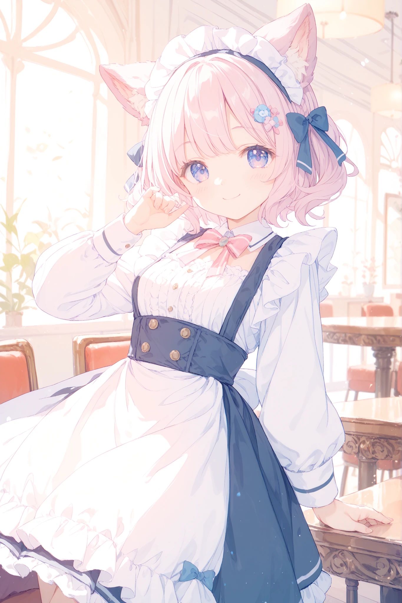 Cute Chemo Mimi Maid、Fluffy Animal Ears、has a gentle smile、maid clothes on the side、fluffy skirt、pastel color、cafe interior、warm atmosphere、soft light、High Quality Pictures