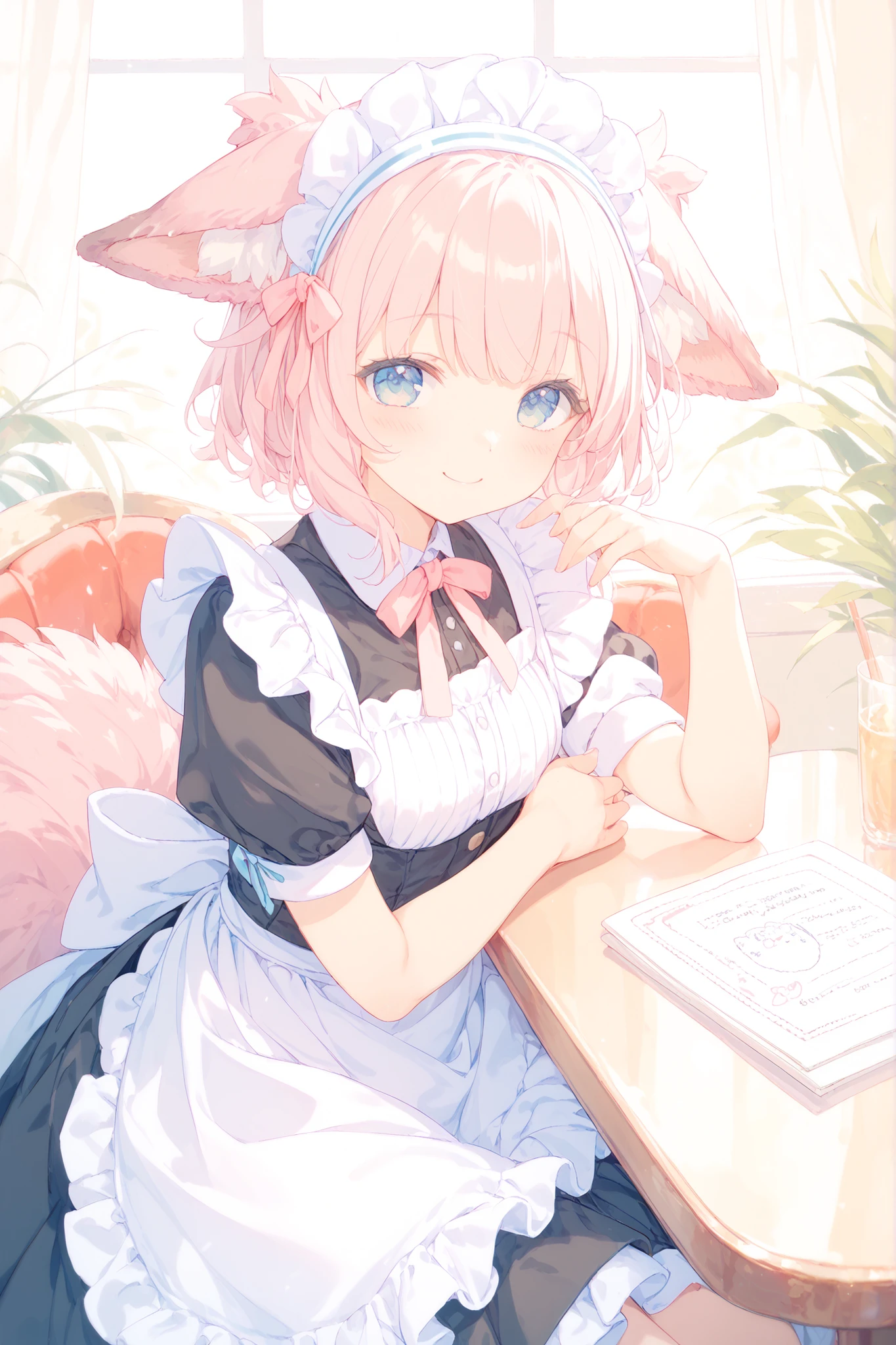 Cute Chemo Mimi Maid、Fluffy Animal Ears、has a gentle smile、maid clothes on the side、fluffy skirt、pastel color、cafe interior、warm atmosphere、soft light、High Quality Pictures