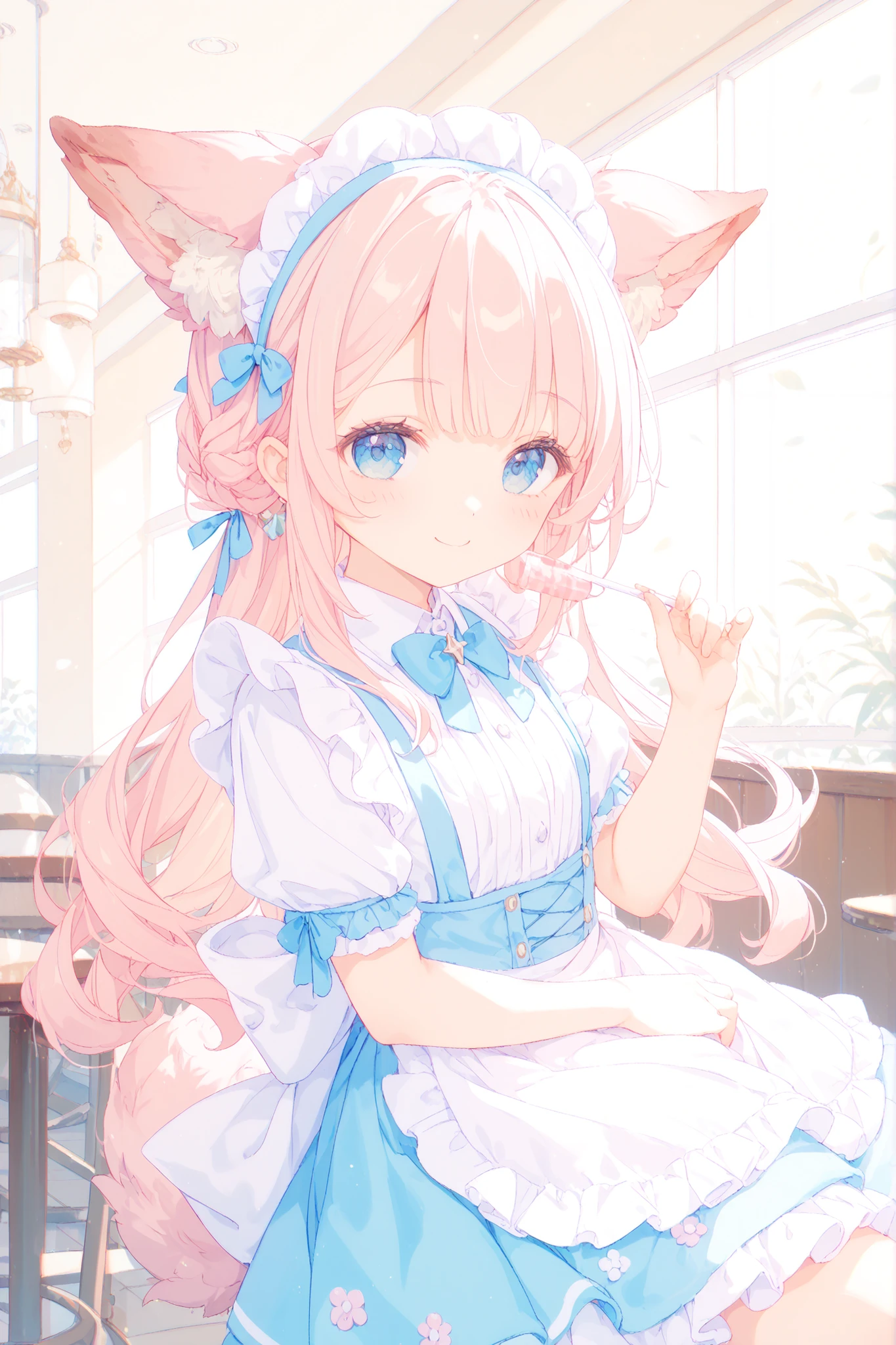 Cute Chemo Mimi Maid、Fluffy Animal Ears、has a gentle smile、maid clothes on the side、fluffy skirt、pastel color、cafe interior、warm atmosphere、soft light、High Quality Pictures
