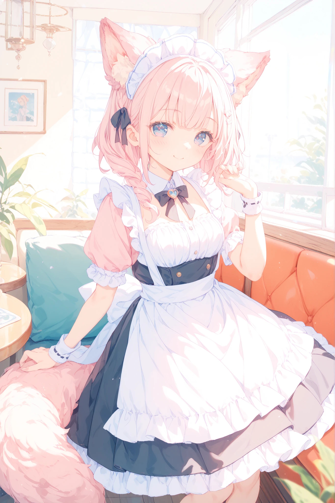 Cute Chemo Mimi Maid、Fluffy Animal Ears、has a gentle smile、maid clothes on the side、fluffy skirt、pastel color、cafe interior、warm atmosphere、soft light、High Quality Pictures