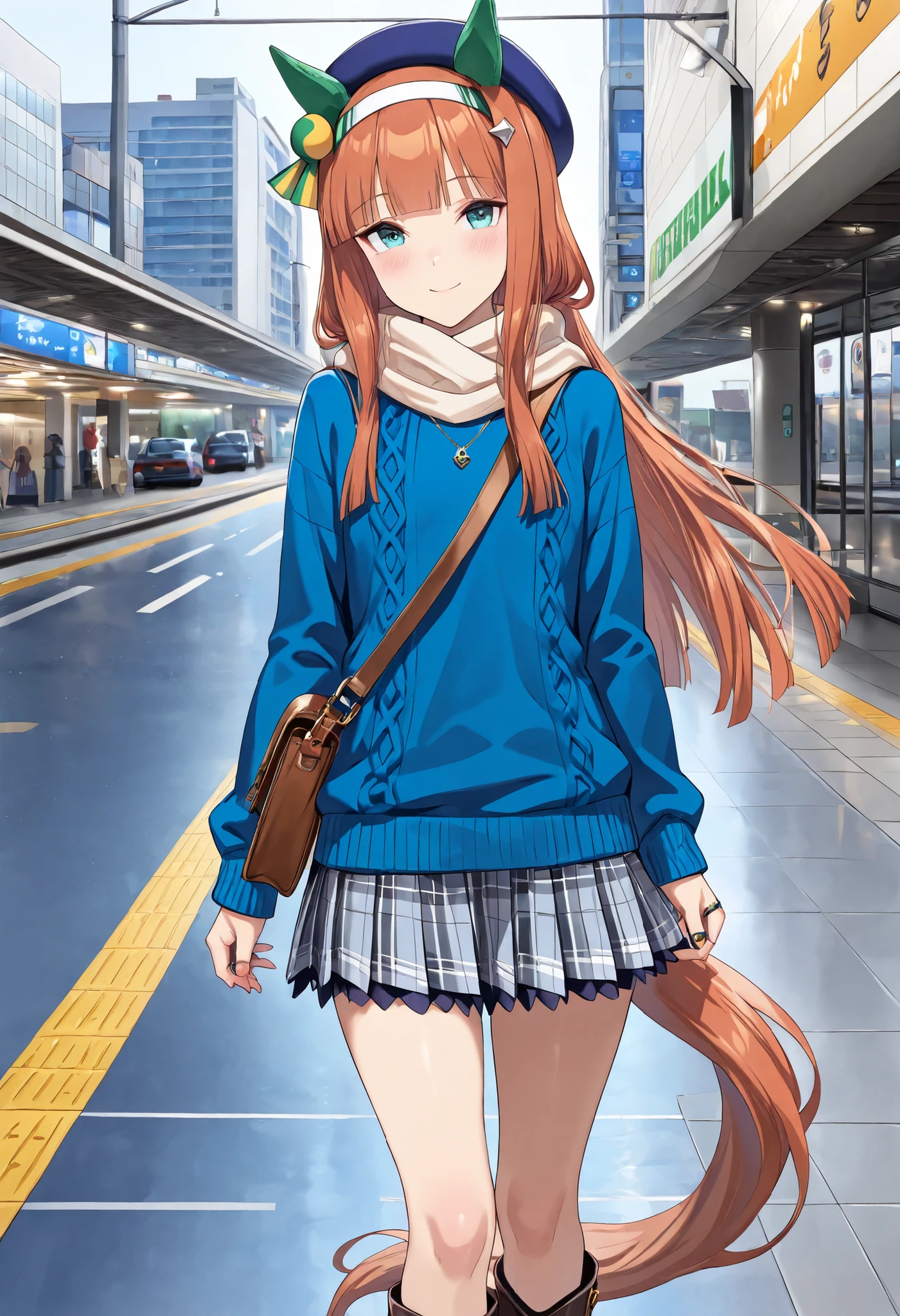 (masterpiece, best quality, perfect face:1.4), wide angle, silence suzuka \(umamusume\), horse ears, ear cover, white headband, small breasts, horse tail, tail on the lower back, proportional body, proportional,1 girl, beautiful hair, beautiful face, beautiful detailed eyes, beautiful clavicle, beautiful body, beautiful chest, beautiful thigh, beautiful legs, beautiful fingers, looking at viewer, BREAK Rich and beautiful makeup, A knitted sweater and a,, wear a miniskirt, black knee-high boots, beret, scarf, black shoulder bag, earing, ring, necklaces, (a busy intersection on the street in front of the station, lots of stylish girls:1.3), BREAK, blush smile, glossy texture, textured skin, realistic skin, HDR, BREAK, (perfect hands, perfect anatomy),