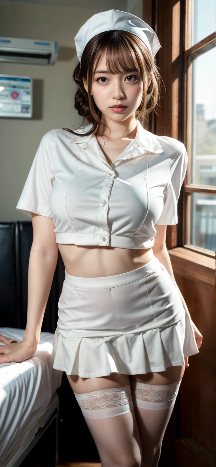 A 20-year-old woman wearing a skirt suit, She is the most beautiful actress in the world., Her detailed face, The perfect balance of her body, She is wearing a tight fitting blazer skirt suit with a shirt on her upper body., The perfect shape of her covered breasts, The shirt skirt is wearing  on the lower half of the body.,  between  legs under short skirt,  are slightly visible, She is standing, On the city streets, Browsing Caution, Highest quality, Very detailed, Ultra-high resolution, Photo Real, masterpiece, 8k
