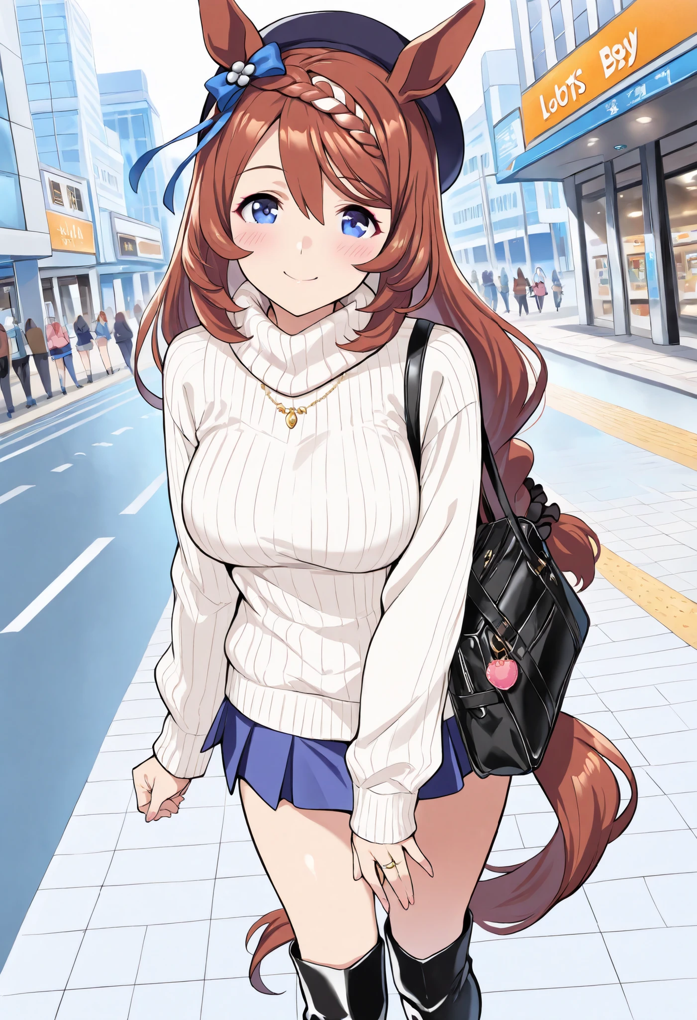 (masterpiece, best quality, perfect face:1.4), wide angle, super creek \(umamusume\), horse ears, ear ornament, horse tail, tail on the lower back, proportional body, proportional, beautiful hair, beautiful face, beautiful detailed eyes, beautiful clavicle, beautiful body, beautiful chest, beautiful thigh, beautiful legs, beautiful fingers, looking at viewer, BREAK Rich and beautiful makeup, A knitted sweater and a,, wear a miniskirt, black knee-high boots, beret, scarf, black shoulder bag, earing, ring, necklaces, (a busy intersection on the street in front of the station, lots of stylish girls:1.3), BREAK, blush smile, glossy texture, textured skin, realistic skin, HDR, BREAK, (perfect hands, perfect anatomy),