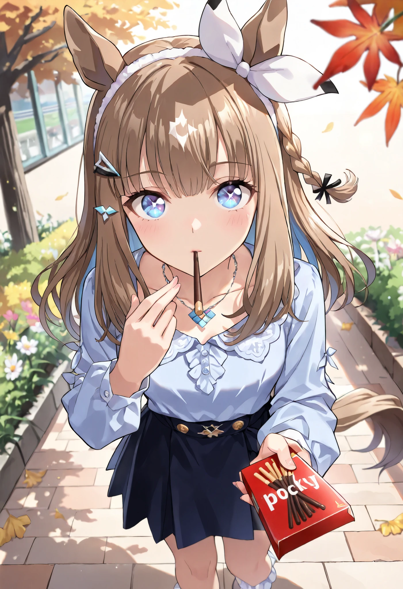 (masterpiece, best quality, perfect face:1.4), wide angle, almond eye \(umamusume\), ((white hair ornament)), horse ears, horse tail, tail on the lower back, proportional body, proportional,1 girl, beautiful hair, beautiful face, beautiful detailed eyes, beautiful clavicle, beautiful body, beautiful chest, beautiful thigh, beautiful legs, beautiful fingers, looking at viewer, BREAK, Silver necklace, formal fall attire , Long sleeve shirt, skirt, Pocky, Pocky Kiss, Hold up the Pocky, Pocky game:1.3, Outdoor, autumn leaves of trees , flowers blooming in the garden in the fall season, Cosmos, BREAK, Her mouth opens slightly, Smiles spill out, textured skin, realistic skin, HDR, BREAK, (perfect hands, perfect anatomy),
