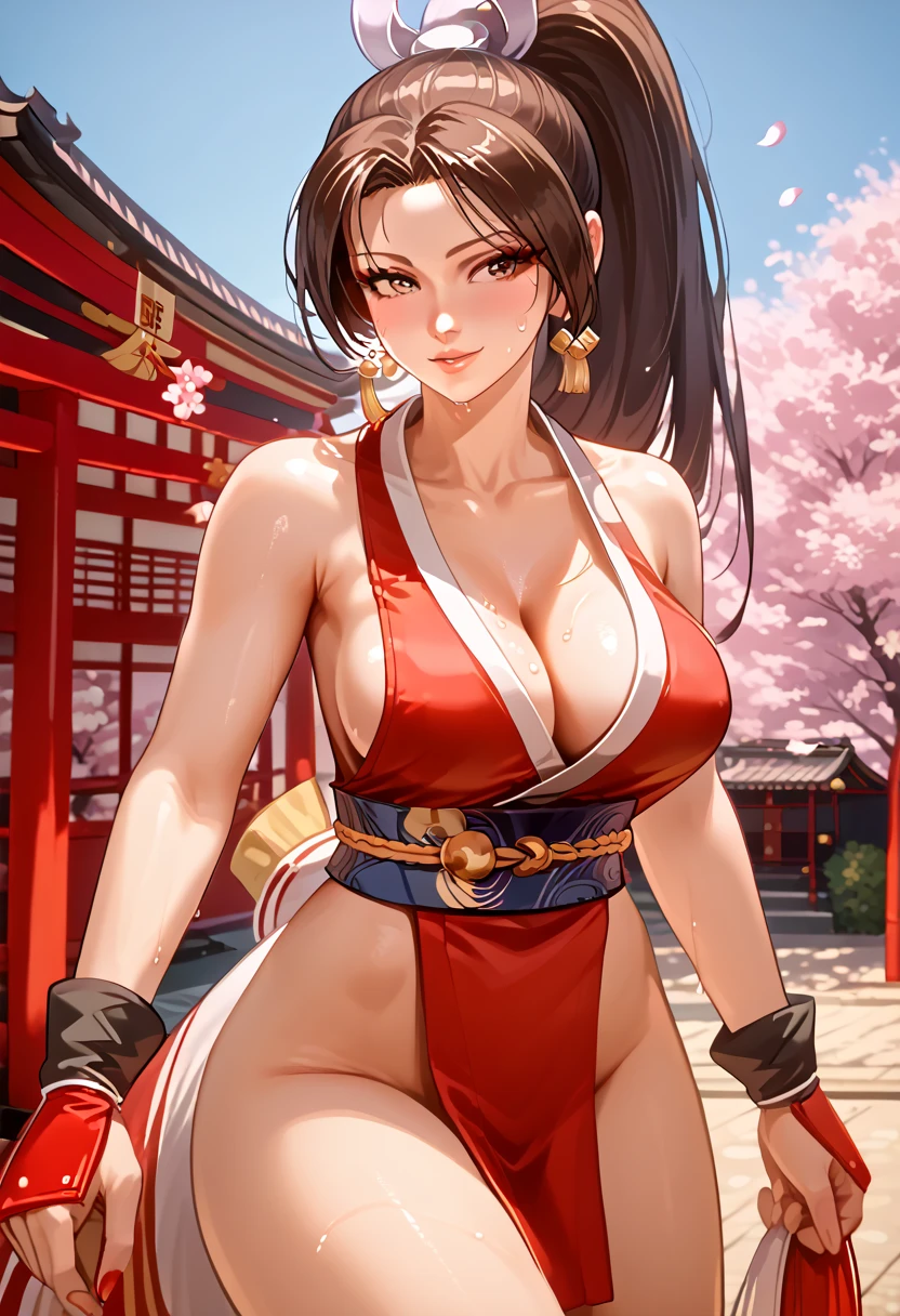 score_9, score_8_up, score_7_up, score_6_up, source_anime, BREAK masterpiece, PonyShiranui, revealing clothes, japanese clothes, high ponytail, cleavage, pelvic curtain, smile, japanese setting, cherry blossoms,  large breasts, extra detail, intricate detail, looking at viewer, 