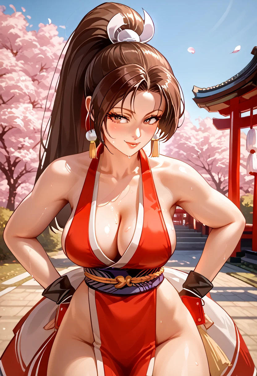 (Mai Shiranui), she is showing her side, She's on her side for the viewer,__body parts__, official art, 8k unit wallpaper, ultra detailed, beautiful, masterpiece, Super fine photo, high quality, super tall resolution, photorealistic, sunlight, smile, elegant dress, jewelry, in Birthday Party, amusement park, beautiful, highly detailed skin, realistic skin details, visible pores, sharp focus, digital SLR camera,
