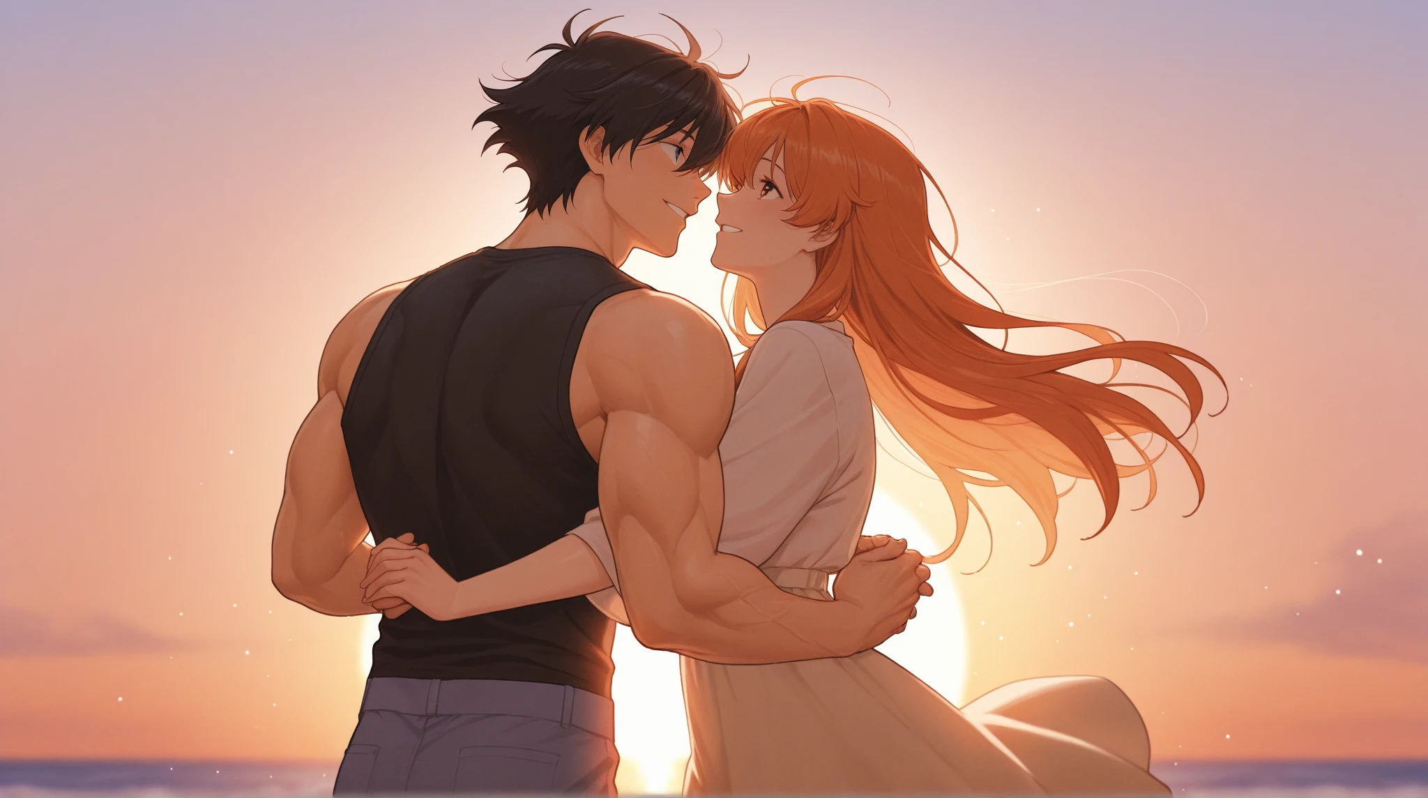 black hair, short hair, brown eyes, hair between eyes, ash ketchum, dark green shorts, , light blue  showing his full  and full abdomen muscles misty pokémon, orange hair, green eyes, side ponytail, white tank top showing her abdomen, green shorts, masterpiece, sun overhead, blue sky photograph of beautiful 18 year old couple, on beach, hugging, looking at each other