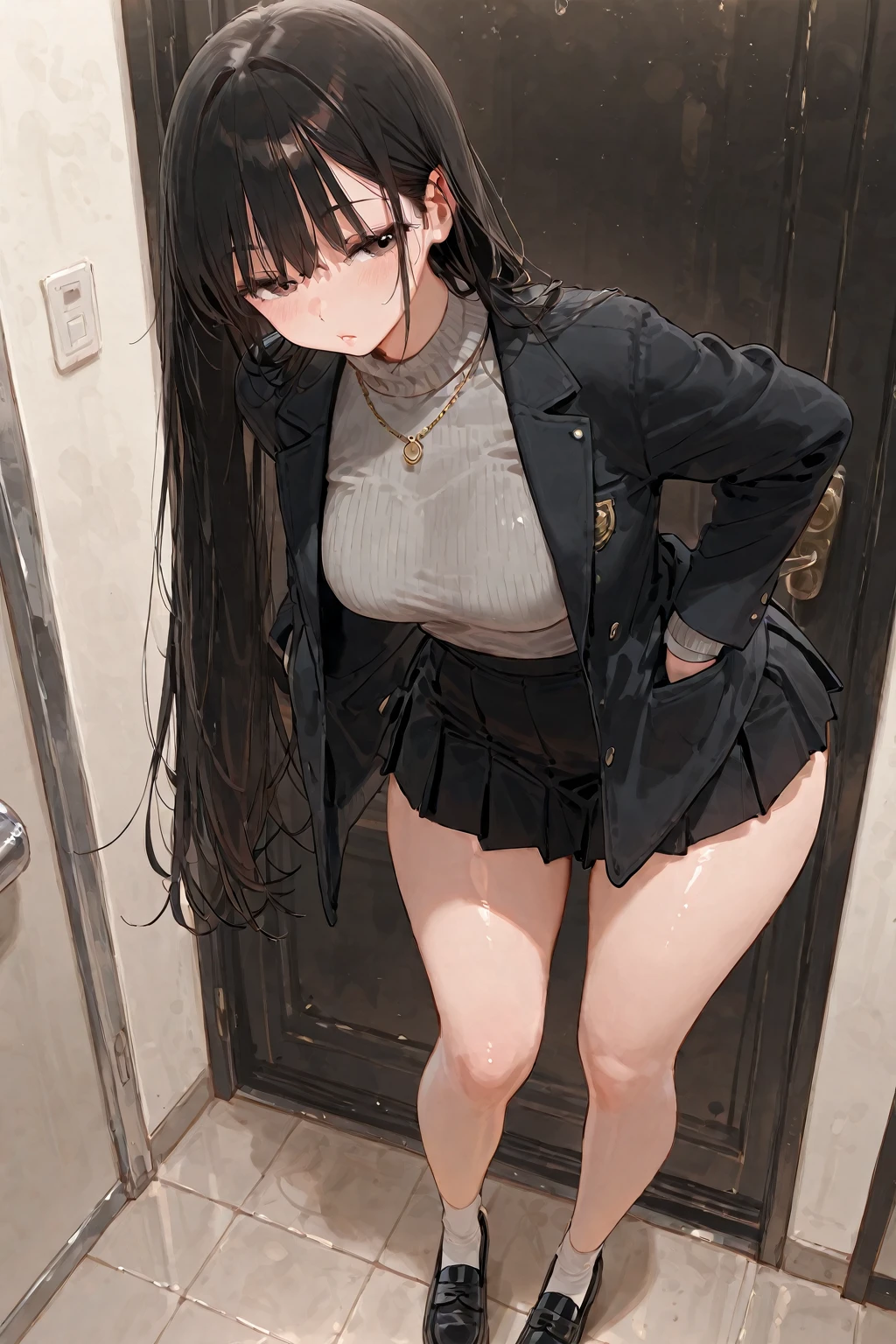 ((((((1 girl))))))Pool changing rooms、Dim concrete room、high school girl、school swimwear、flat chest、small ass、Large towel、Swim Cap、sober、low length、(((((long bangs hide the eyes:1.5)))))、((freckles))、((((long black hair:1.4))))　(((hair band)))(((black rim glasses:1.2　black eye)))、、bevel、(((Rear view)))、look at me