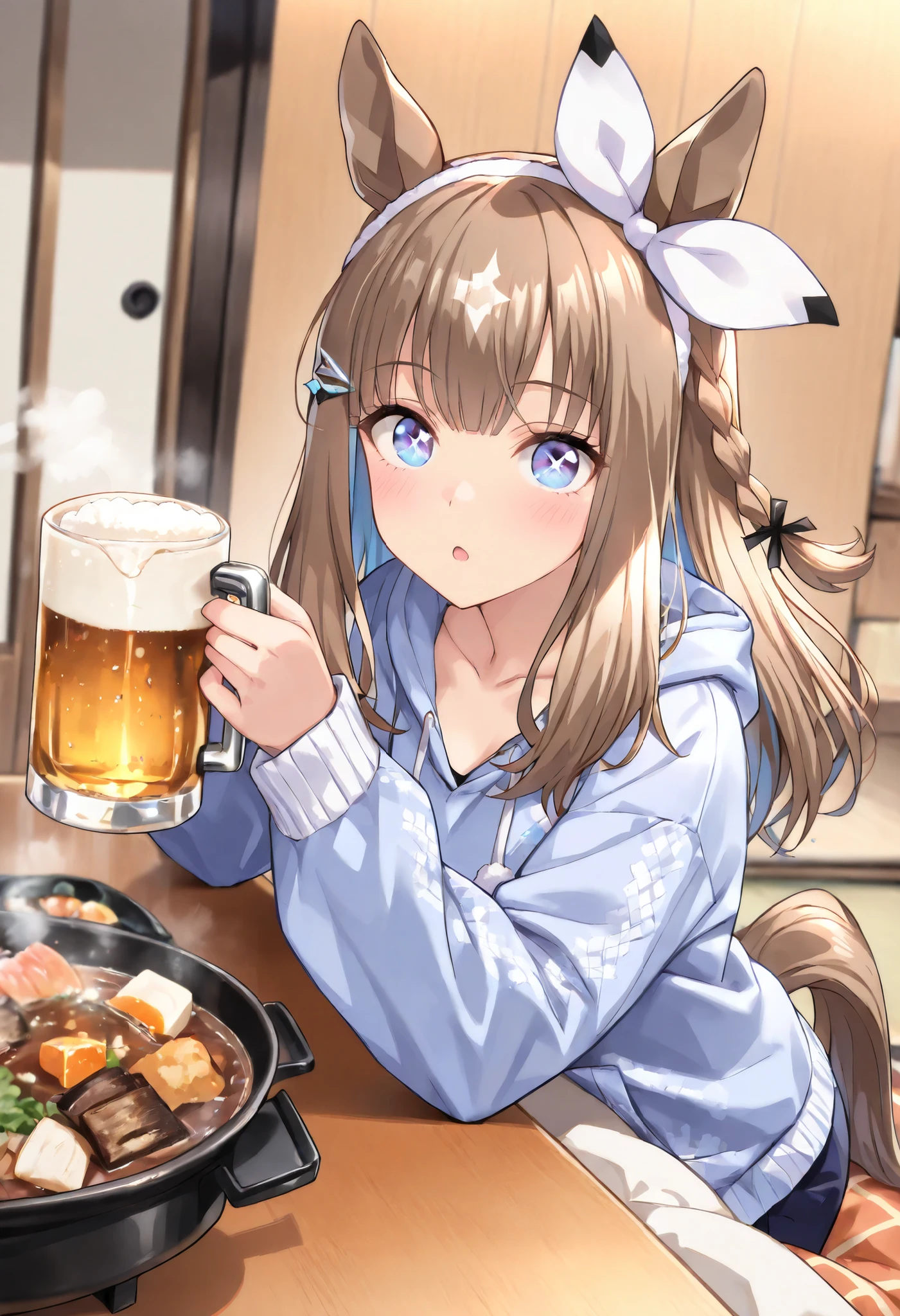 (masterpiece, best quality, perfect face:1.4), wide angle, almond eye \(umamusume\), ((white hair ornament)), horse ears, horse tail, tail on the lower back, proportional body, proportional,1 girl, beautiful hair, beautiful face, beautiful detailed eyes, beautiful clavicle, beautiful body, beautiful chest, beautiful thigh, beautiful legs, beautiful fingers, looking at viewer, BREAK, winter attire, Kotatsu, Japanese hot pot dishes, drinking beer, Steam rises from the pot, ecstatic expression, Ergonomically Correct Body, textured skin, realistic skin, HDR, BREAK, (perfect hands, perfect anatomy),