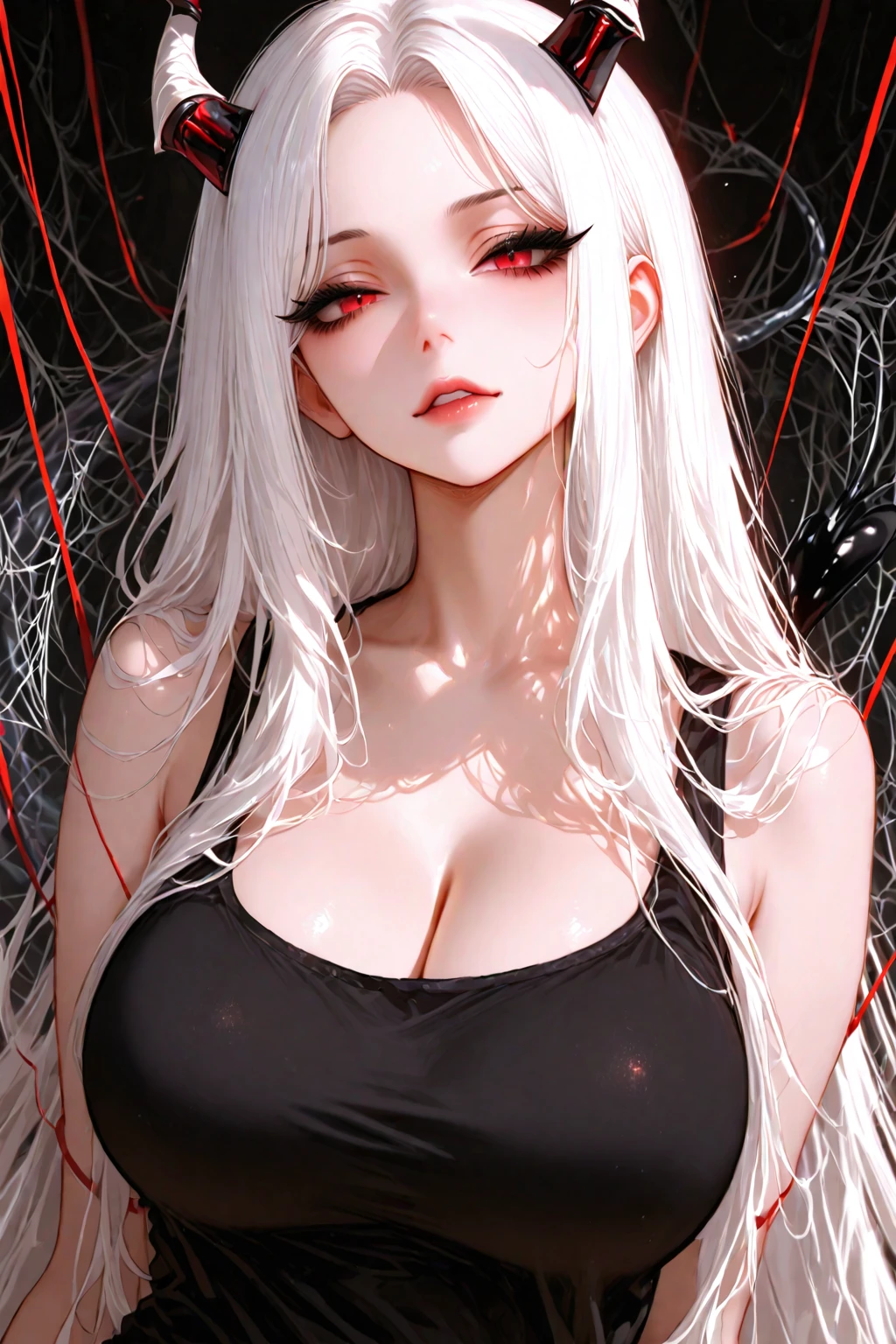 female vampire, vampire fangs, (White hair), (Dress), (stockings), (masterpiece), (on her knees), (without a ), (long hair), Perfect body, (ultra realistic eyes), (detailed face), sharp focus, Unreal engine 5, Octane render, (Cinematic lighting), 8 k,