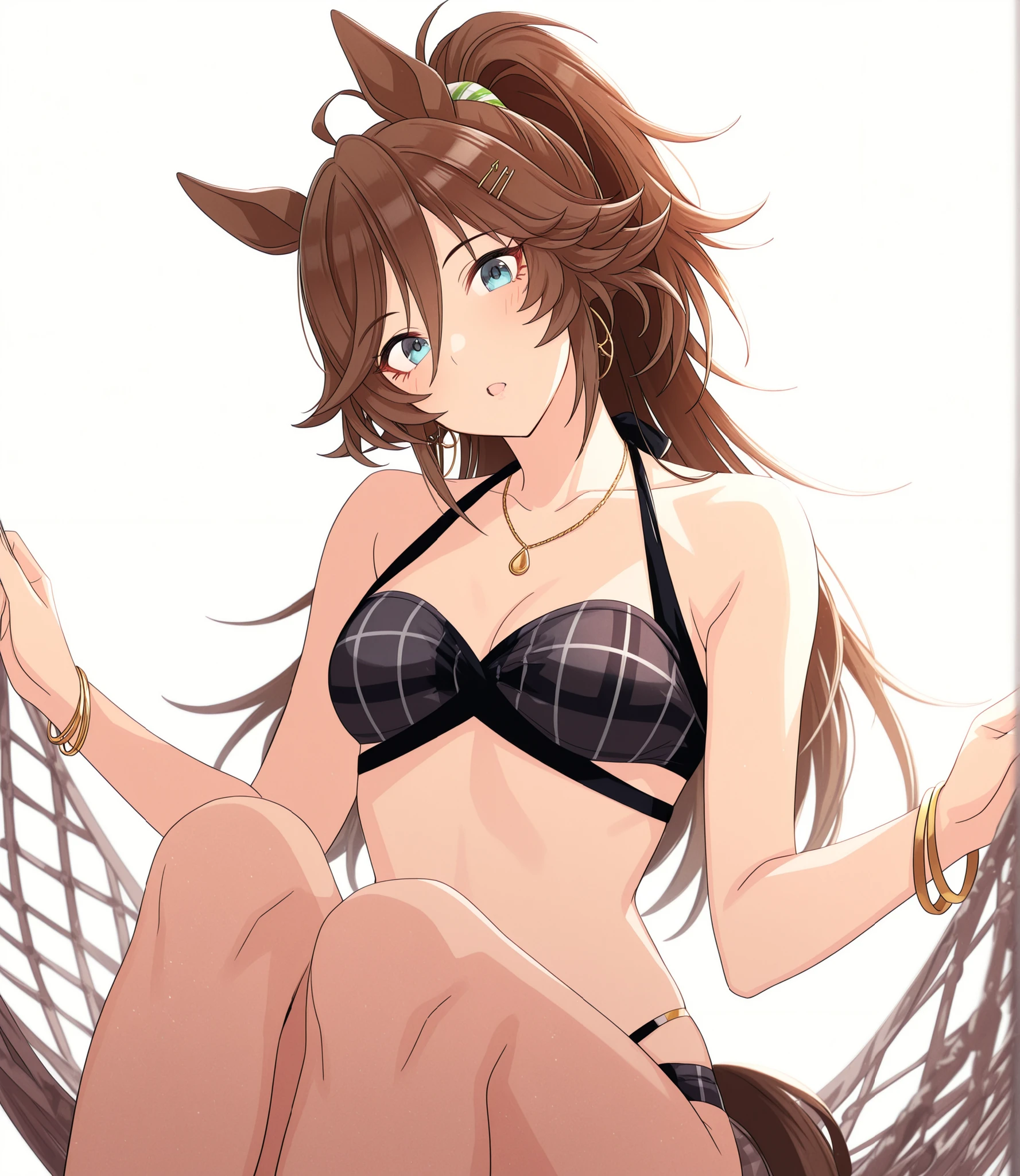 masterpiece, , absurdres, highres, detailed background, high resolution, masterpiece, necessary, detail, best quality, quality, necessary, details, High details, Precise, dark, (white background, simple background) , sunlight,
1girl, , umamusume style, tomari style, solo, <lora:XL-Tomari-veryberry00-ILXL:1>, (aged up:1.2), head tilt, sitting ,hammock, earing,
tall girl, mr. c.b. , (slim body, slim arms), \(umamusume\), light blue eyes, brown hair, ((high ponytail)), tsurime, ( style), black plaid , halter neck , bandeau , jewelry, necklace, bracelet, light surprised,
(), , , small , looking at viewer, , (pale skin),