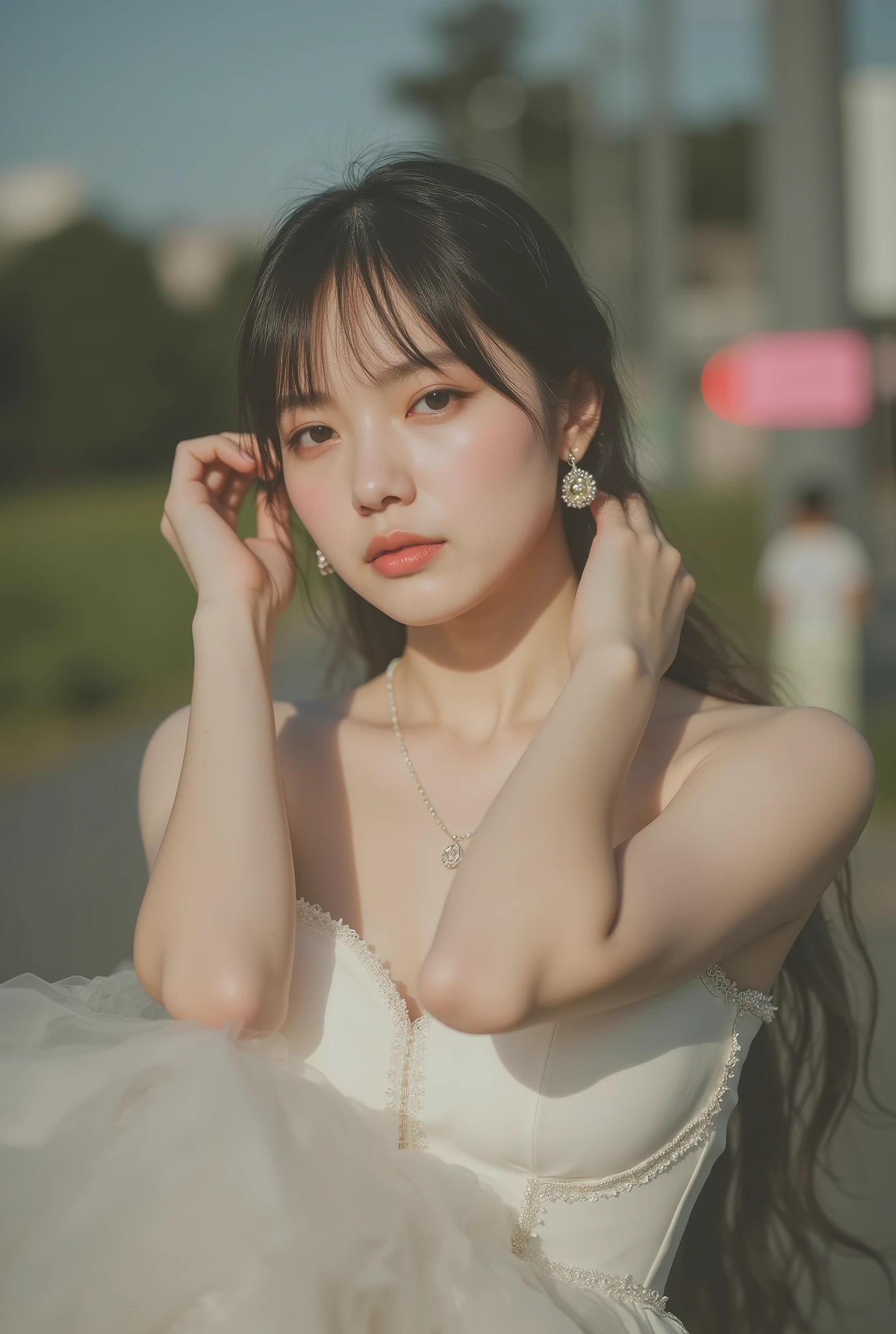 High-end fashion photo of a Japanese model wearing a specially designed black and white dress, (big boobs:1.5),tight waist shows proportions, The long skirt flutters, sexy pose, Realistic Sharp Face, Pastel Finished Backdrop, proportions by climbing the foot,Clean Specular Highlights、precise shadows、ultra high definition、realistic skin texture with 10,000 yen bill、fine texture of premium fabric :: 85mm lens texture、shallow depth of field、Studio Proofreading White Balance、Delicate film grain.