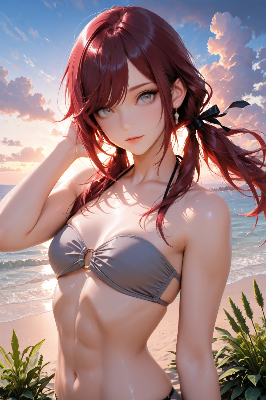 (This is a close-up shot of a young anime girl in a  on the beach:1.4),(solo:1.4),(1girl:1.4),(curly red hair:1.3),(violet eyes:1.2),(yellow  top:1.3),(green  bottom:1.2),(navel:1.1),(sitting on the beach:1.3),(palm trees in the background:1.2),(ocean in the background:1.2),(blue sky:1.1), (detailed face:1.3),(beautiful detailed eyes:1.3),(slightly parted lips:1.2),(shy embarrassed expression:1.3),(flushed cheeks:1.2),(slender body:1.2),(:1.3), (masterpiece:1.2),(best quality:1.3),(ultra high res:1.2),(photorealistic:1.1)