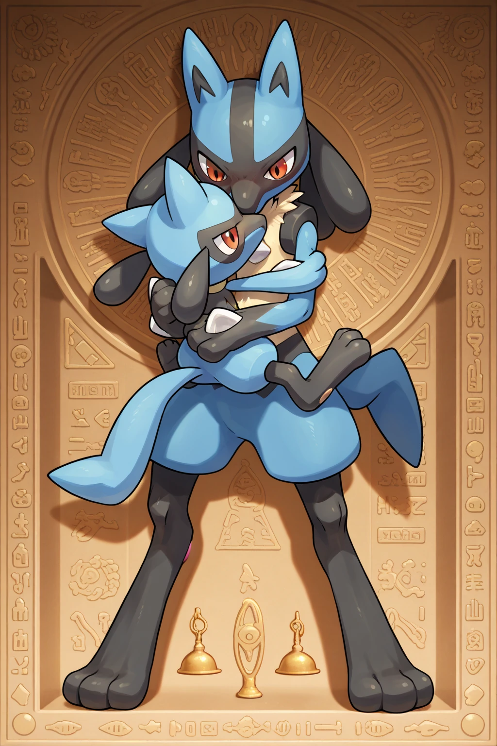 masterpiece, Highest quality, Highest quality,(Very beautiful face and eyes),人間としているLucario(, kemono,),,Pokemon,( Lucario' Features),bed,Detailed fur expression,,by 2 person, Zoom in on the joint, having , 恥ずかしそうにでしている