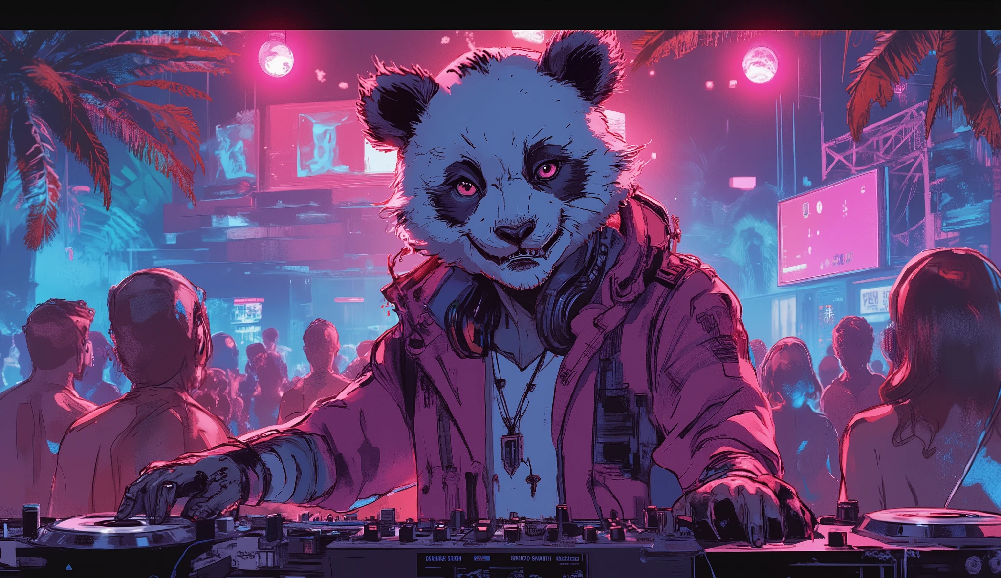 tropical resort party night、Wear HIPHOP clothes、Panda standing in the DJ booth with headphones on、dynamic composition in solution、bright colors、high definition、beautiful in every detail、anime style、Super high quality、Highest Quality、8k resolution
