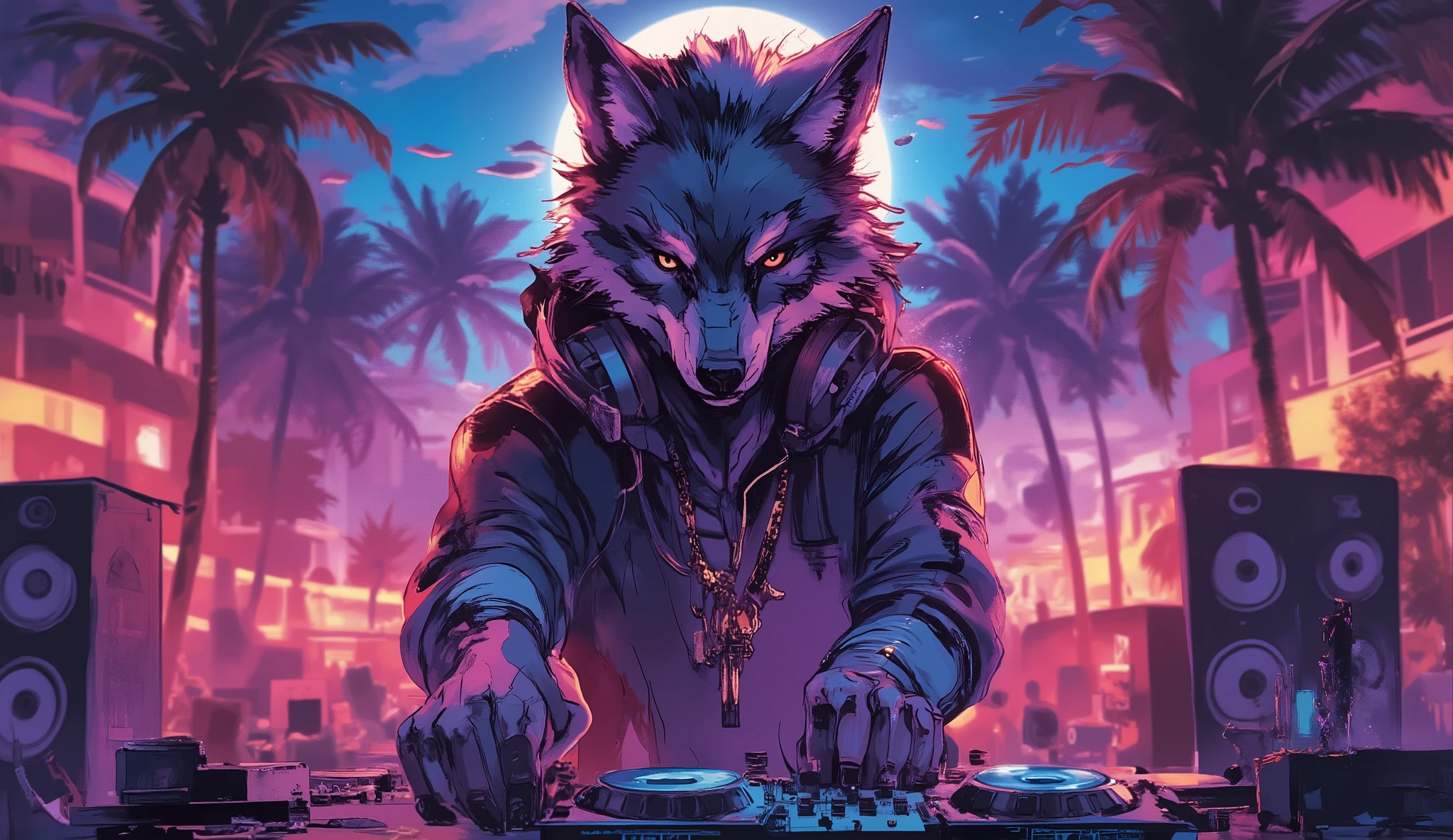 tropical resort party night、Wear HIPHOP clothes、A wolf standing in a DJ booth with headphones on、dynamic composition in solution、high definition、beautiful in every detail、anime style、Super high quality、Highest Quality、8k resolution