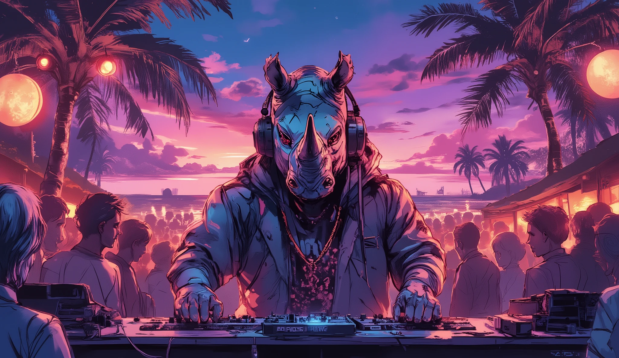 tropical resort party night、Wear HIPHOP clothes、A rhinoceros standing in the DJ booth with headphones on、dynamic composition in solution、high definition、beautiful in every detail、anime style、Super high quality、Highest Quality、8k resolution