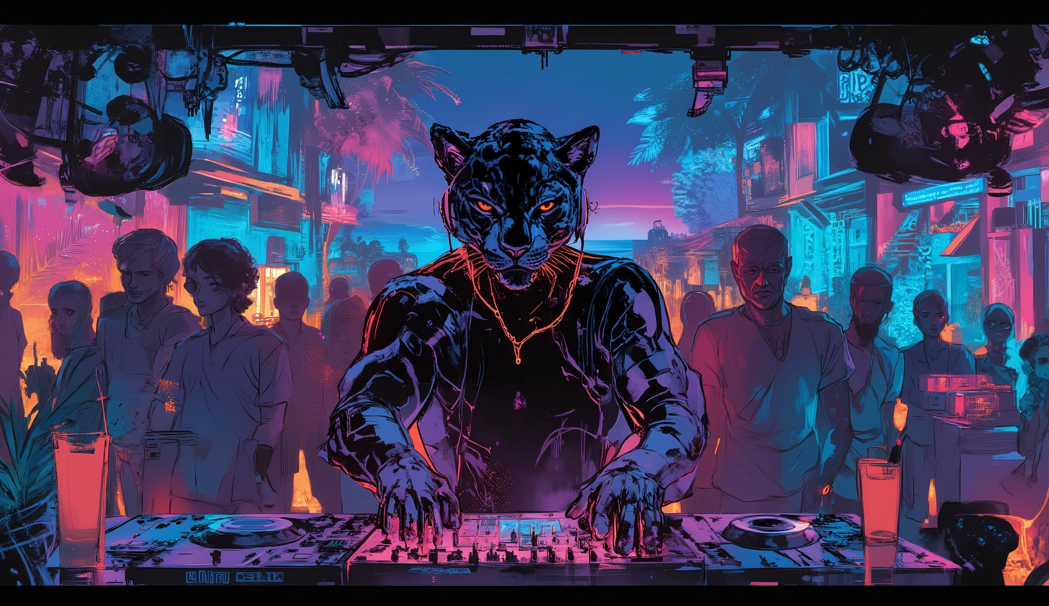 tropical resort party night、Wear HIPHOP clothes、Black leopard standing in the DJ booth with headphones on、dynamic composition in solution、high definition、beautiful in every detail、anime style、Super high quality、Highest Quality、8k resolution