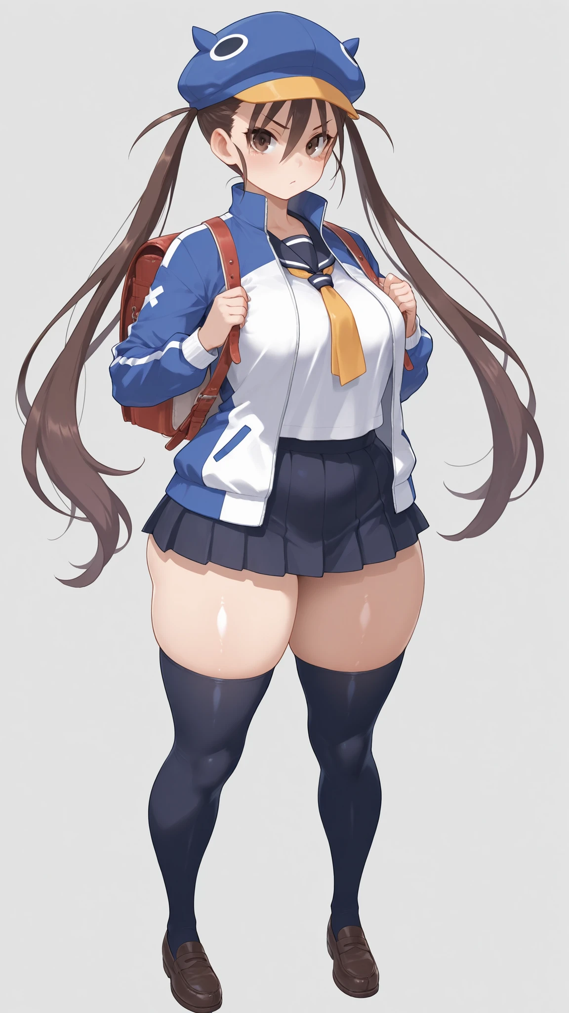 d4fuuka, twin tails,
skirt, knee-high, OPEN JACKET, School Shirt, track jacket, necktie, school uniform, backpack, loafers, blue headwear, PERFECT SIZE CLOTHING, shiny skin, Curvy Bodies ,