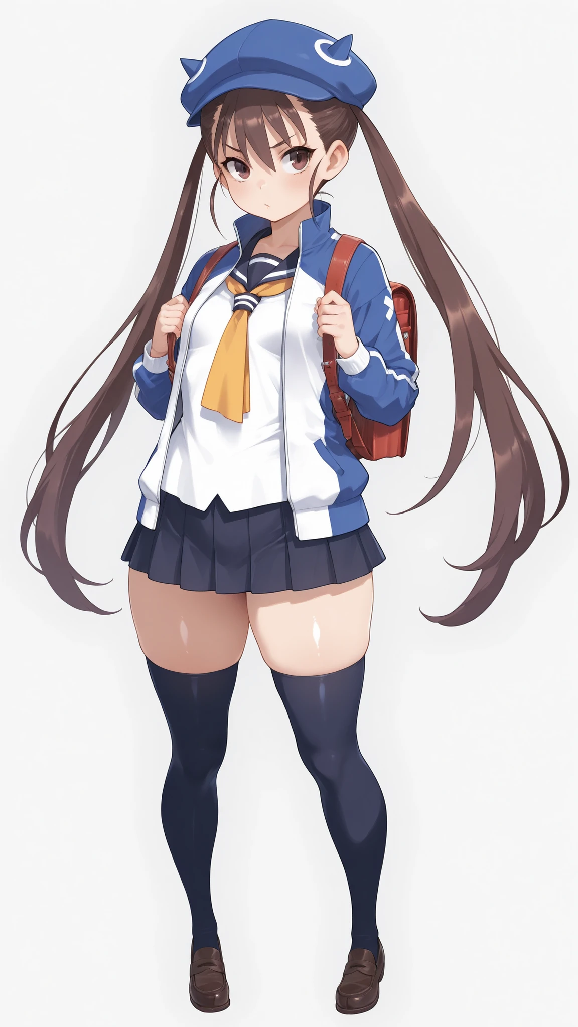 d4fuuka, twin tails,
skirt, knee-high, OPEN JACKET, School Shirt, track jacket, necktie, school uniform, backpack, loafers, blue headwear,  PERFECT SIZE CLOTHING, shiny skin,    Curvy Bodies ,