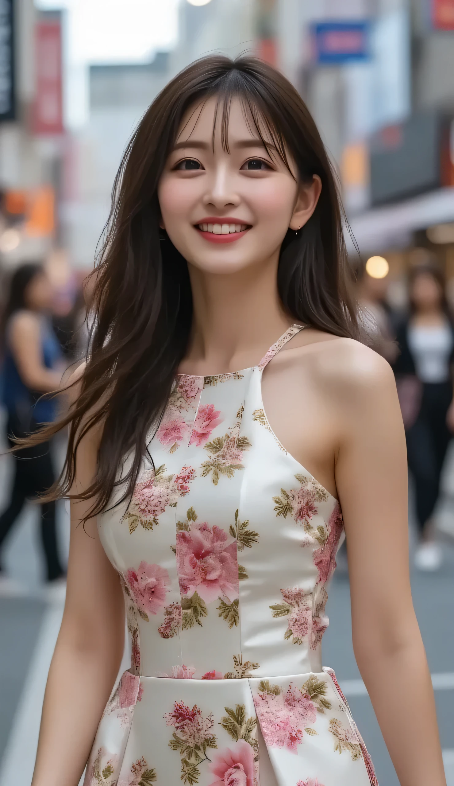 (Hide cleavage, Highest Quality,very detailed､ high definitionイラスト,超高精細CG,caustic, improving skin quality,reality,masterpiece:1.2,  high definition, physical beauty: 1.4 ,   very detailed顔と肌のテクスチャ  ,  beautiful eyes,  double eyelids、8k、35mm lens、realistic: 1.37、Brighten the screen,Half Japanese woman,(small breasted),((smile:0.3)),((((long black hair))),(((fitted floral dress))),(((Shibuya,road))),((Three-Quarter Length)),((walk))