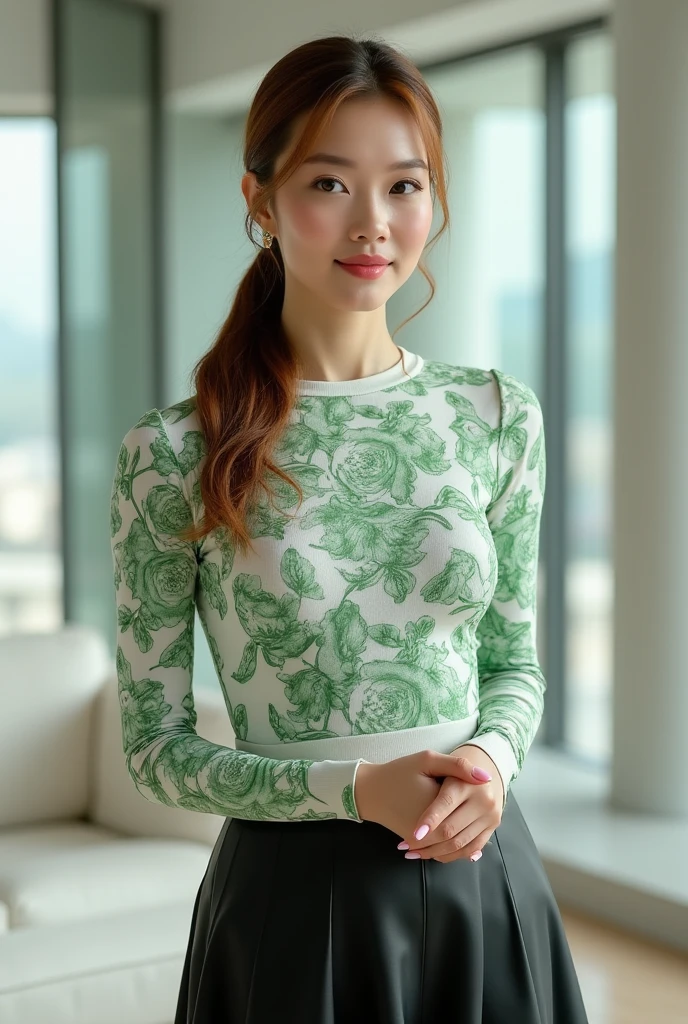 8k, Masterpiece, Top Quality, medium-long shot, eye-level, woman with dark hair in loose updo and face-framing strands, looking at camera, neutral expression, wearing fitted teal square-neck long-sleeved top, grey fitted midi skirt, layered pearl necklaces, carrying woven straw tote bag, standing outdoors on stone path, relaxed pose, chic modern casual style, soft diffused natural daylight, even lighting, background with trees, parked car, traffic cone,
