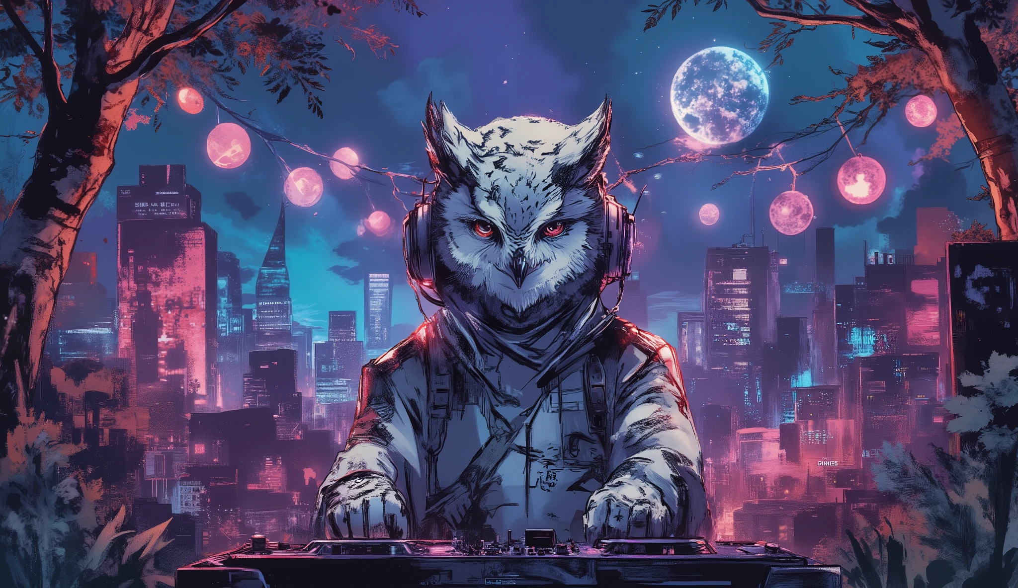Party night in the middle of the jungle、Wear HIPHOP clothes、snowy owl standing in the DJ booth with headphones on、dynamic composition in solution、high definition、beautiful in every detail、anime style、Super high quality、Highest Quality、8k resolution
