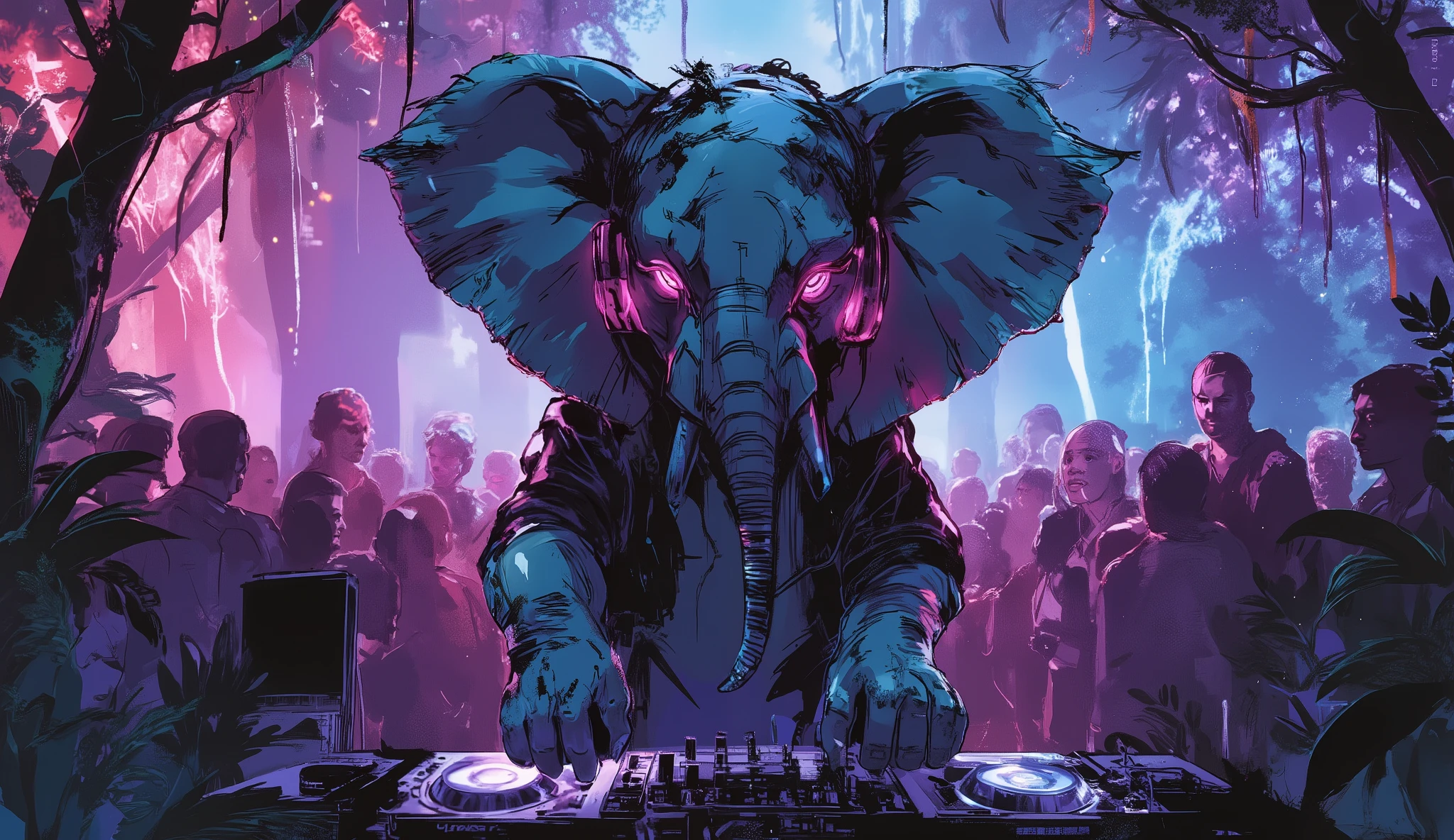 Party night in the middle of the jungle、Wear HIPHOP clothes、Elephant standing in DJ booth with headphones on、dynamic composition in solution、high definition、beautiful in every detail、anime style、Super high quality、Highest Quality、8k resolution