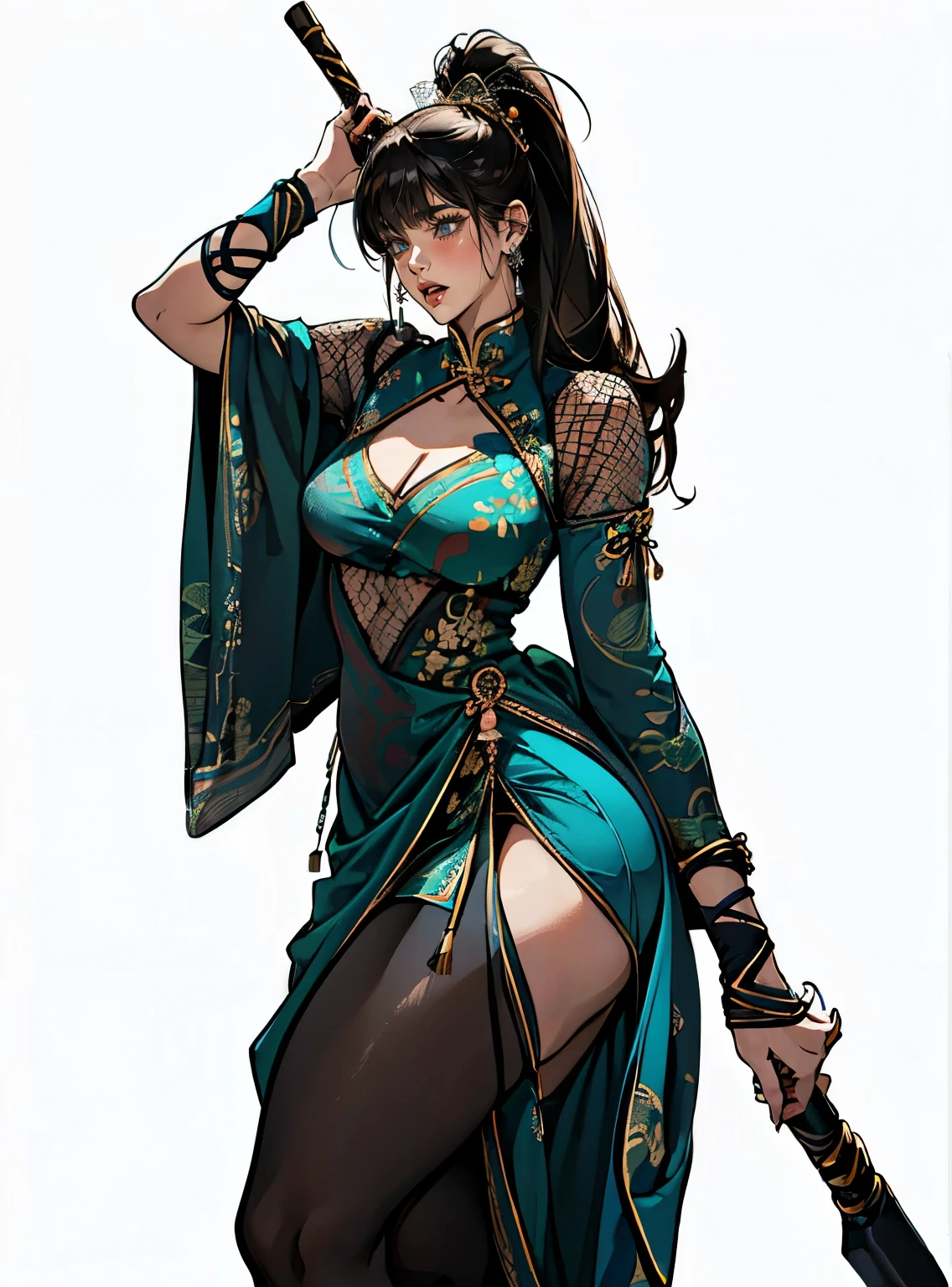 (absurdres, highres, super high resolution), Close-up of a person wearing a, (solo), (1girl:1.5), ((white background))), ((( visible chest bone ))), (((Big breasts))), side slit skirt, Three Kingdoms of China costume, revealing costume, hair ornaments, ((mesh)), lips, (((Open your mouth))), blush, Keep the color of the costume,