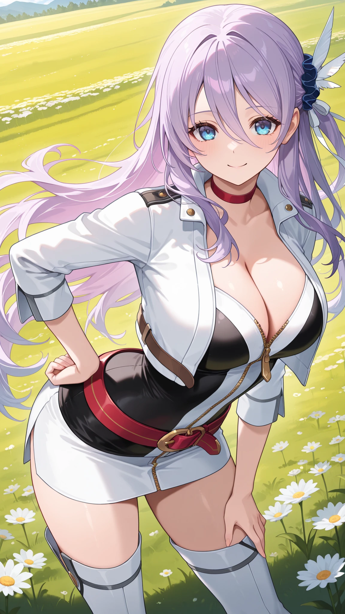 masterpiece,best quality,highre,ultra-detailed,detailed illustration,source_anime,1girl,solo,slender,Shizuru,purple hair, long hair, blue eyes,highly detailed eyes,hair between eyes,scrunchie, feather hair ornament, red choker, white jacket, cleavage, cropped jacket, zipper, black and white dress, short dress, red belt, white miniskirt, pencil skirt, white thigh boots, big breasts,smile,outdoor,meadow,looking at viewer,happy,contrapposto, arched back, hand on hip, legs apart