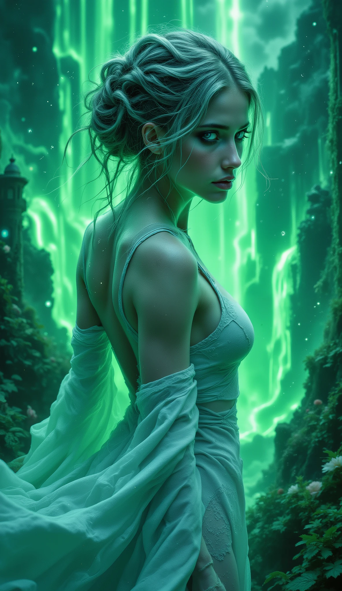 masterpiece, best quality,
(realistic:1), (flat color:2), (no lineart:1),
1girl, dynamic pose, flowing, from above, depth of field, cool lighting, diffused lighting, low contrast, mist backlight, side lighting, light particles, bokeh, silhouette, neon green background, bright lime tones, minty green highlights, sleepy expression, looking back, blue eyes, updo hair, braid, hair between eyes, white leotard, leggings, pinup pos, fortified town, sky, vegetation, flowers, waterfall
