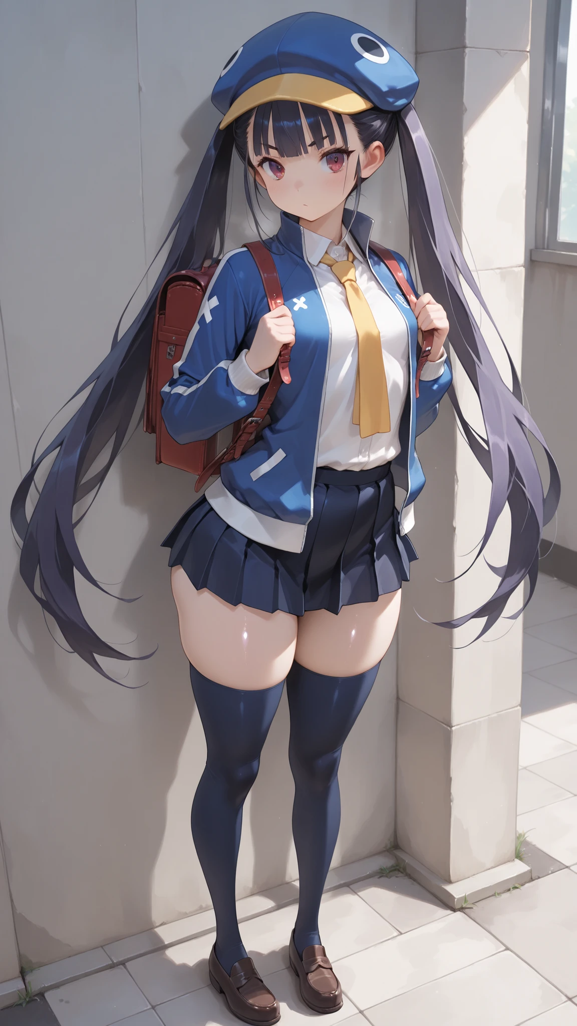d4fuuka, twin tails,
skirt, knee-high, OPEN JACKET, School Shirt, track jacket, necktie, school uniform, backpack, loafers, blue headwear, PERFECT SIZE CLOTHING, shiny skin, Curvy Bodies ,