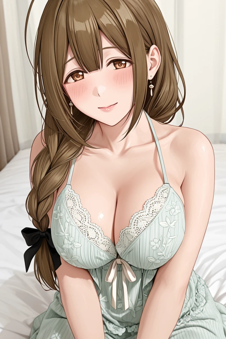 ((Tabletop, Highest quality, High resolution, , Pixel Perfect, 4K, ))), Beautiful woman,, alone, beauty、The whole body is visible、 (((Sexy Witch Cosplay), Long dark blonde wavy hair、Off-the-shoulder jacket,　Dark blue flared skirt、Black knee-high stockings、、、Mid-wave hair, bangs, Brown Hair)), ((Brown eyes, Beautiful eyelashes, Realistic eyes)), ((Detailed face, Blushing:1.2)), ((Smooth texture:0.75, Realistic texture:0.65, Realistic:1.1, Anime CG Style)), Center of chest, Dynamic Angle, Perfect body, ((,)), 、、Very embarrassing panic smile, 、Princess Bedroom in Castle、On the bed、Lying in bed、look up、(, Touching the crotch with hands、、、、 are slightly visible、Pink lace 、)、Angle from below